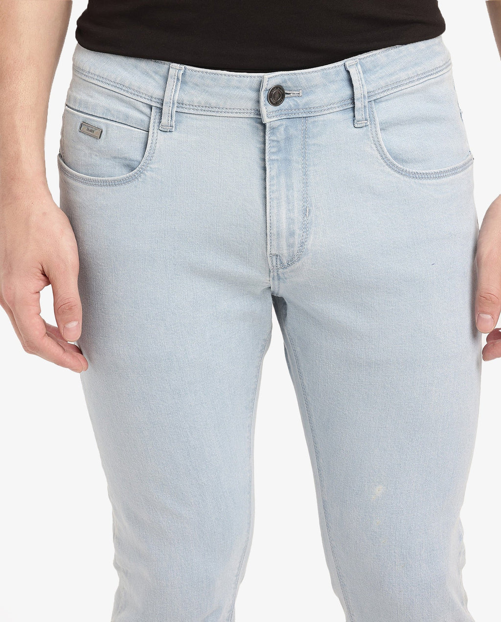 Rare Rabbit Men's Pelin Light Blue Cotton Blend Plain Hawk Slim Fit Jeans