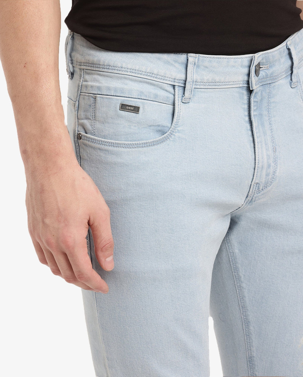 Rare Rabbit Men's Pelin Light Blue Cotton Blend Plain Hawk Slim Fit Jeans