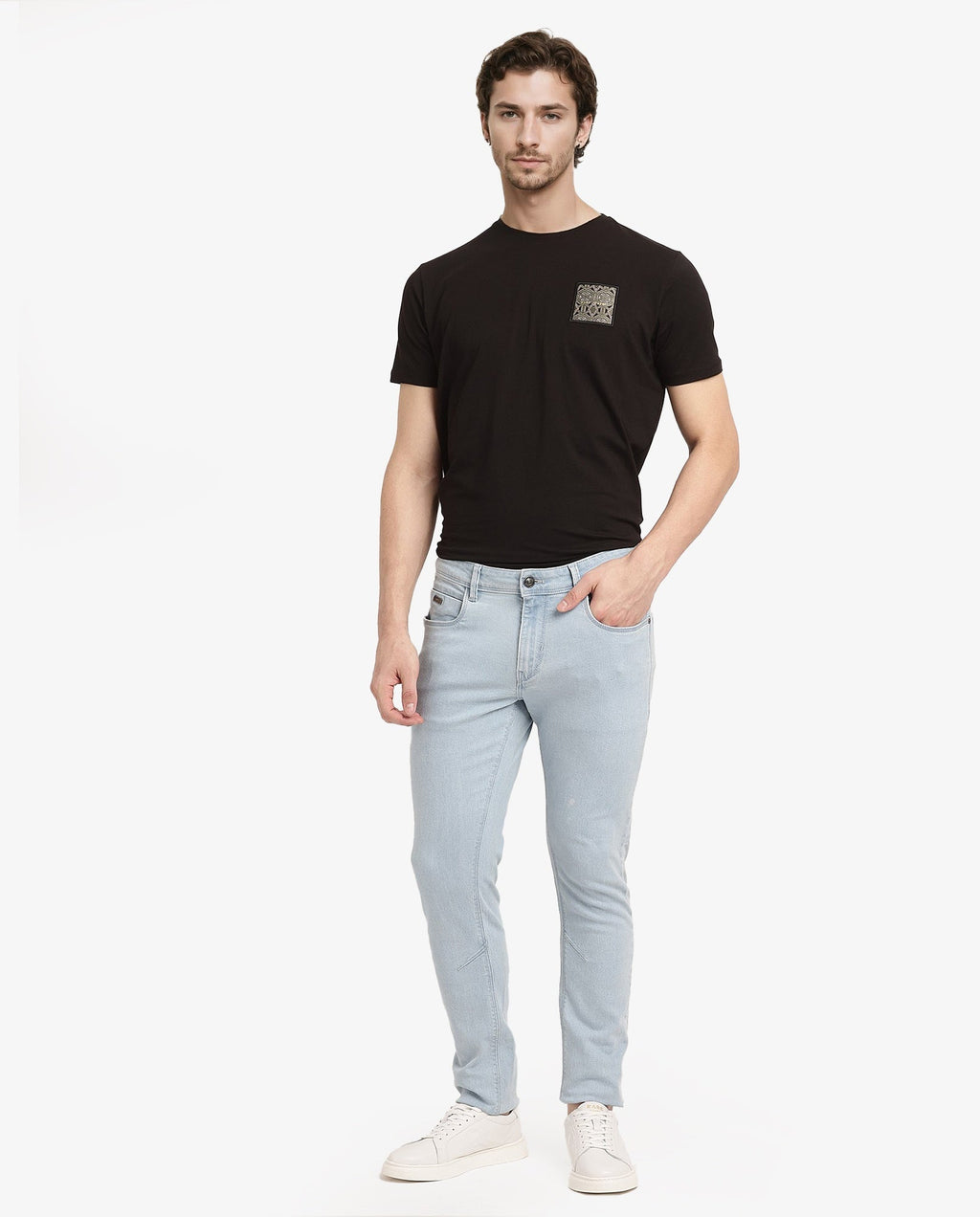 Rare Rabbit Men's Pelin Light Blue Cotton Blend Plain Hawk Slim Fit Jeans