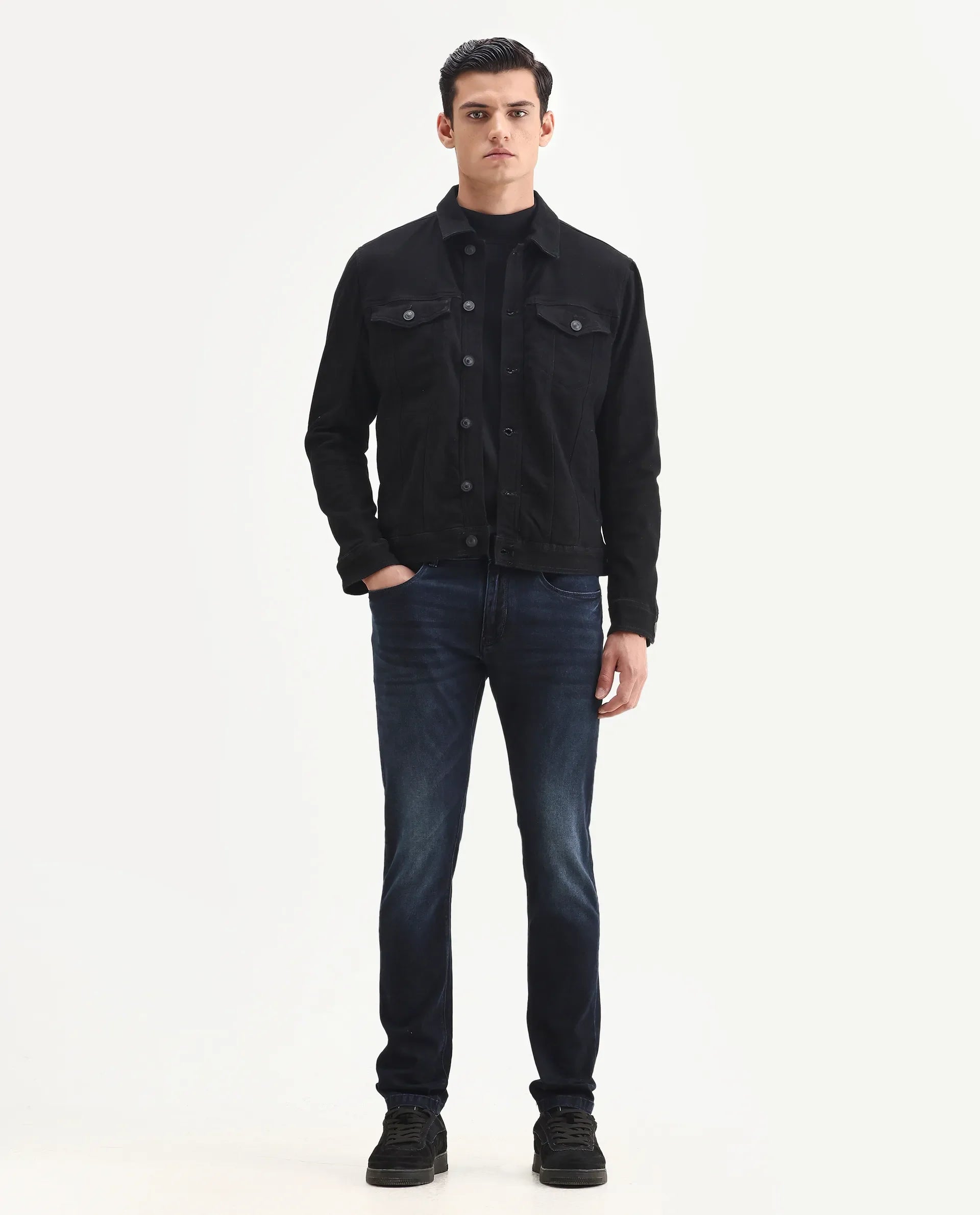 Rare Rabbit Men's Penelope Navy Cotton Plain Hawk Slim Fit Jeans