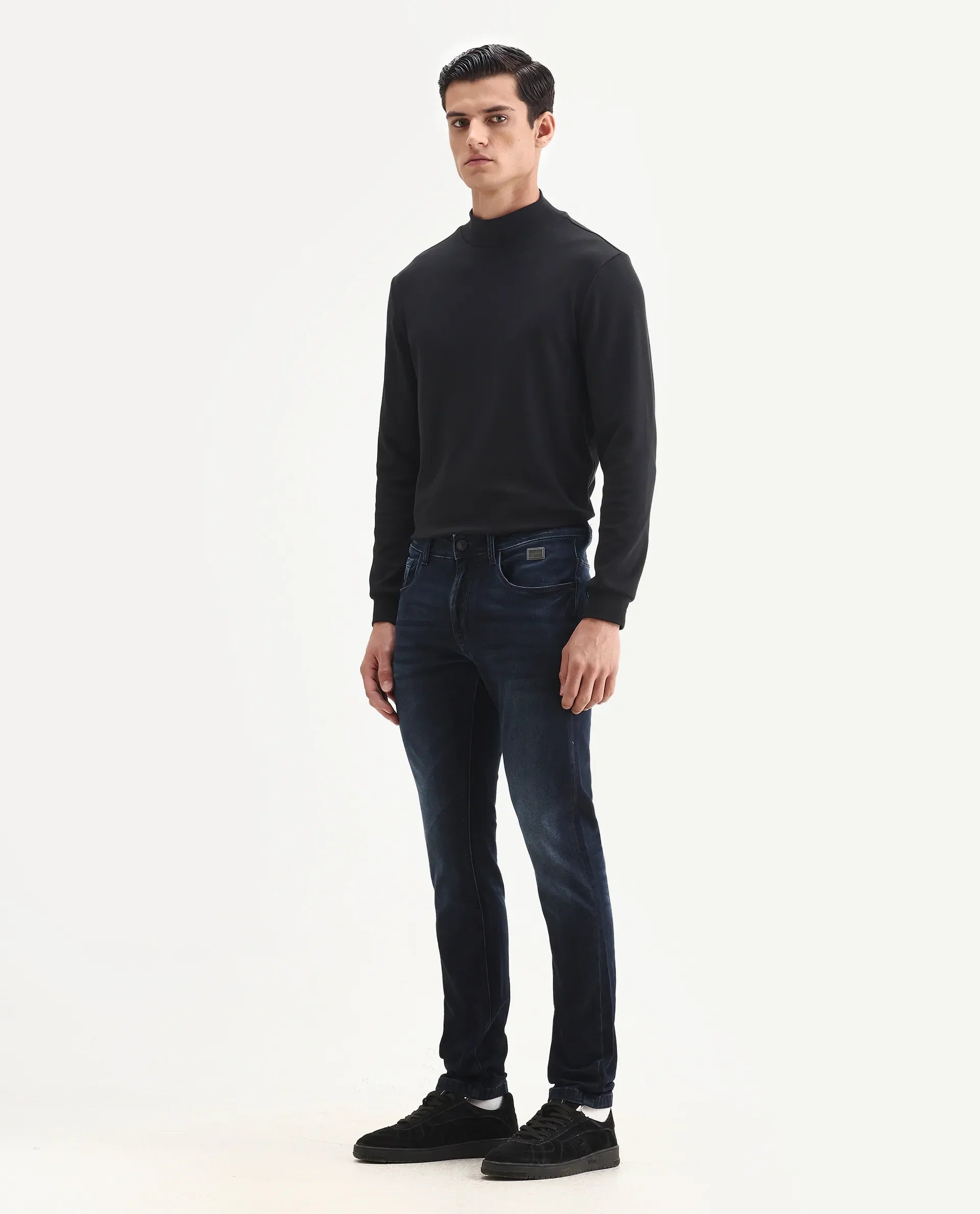 Rare Rabbit Men's Penelope Navy Cotton Plain Hawk Slim Fit Jeans
