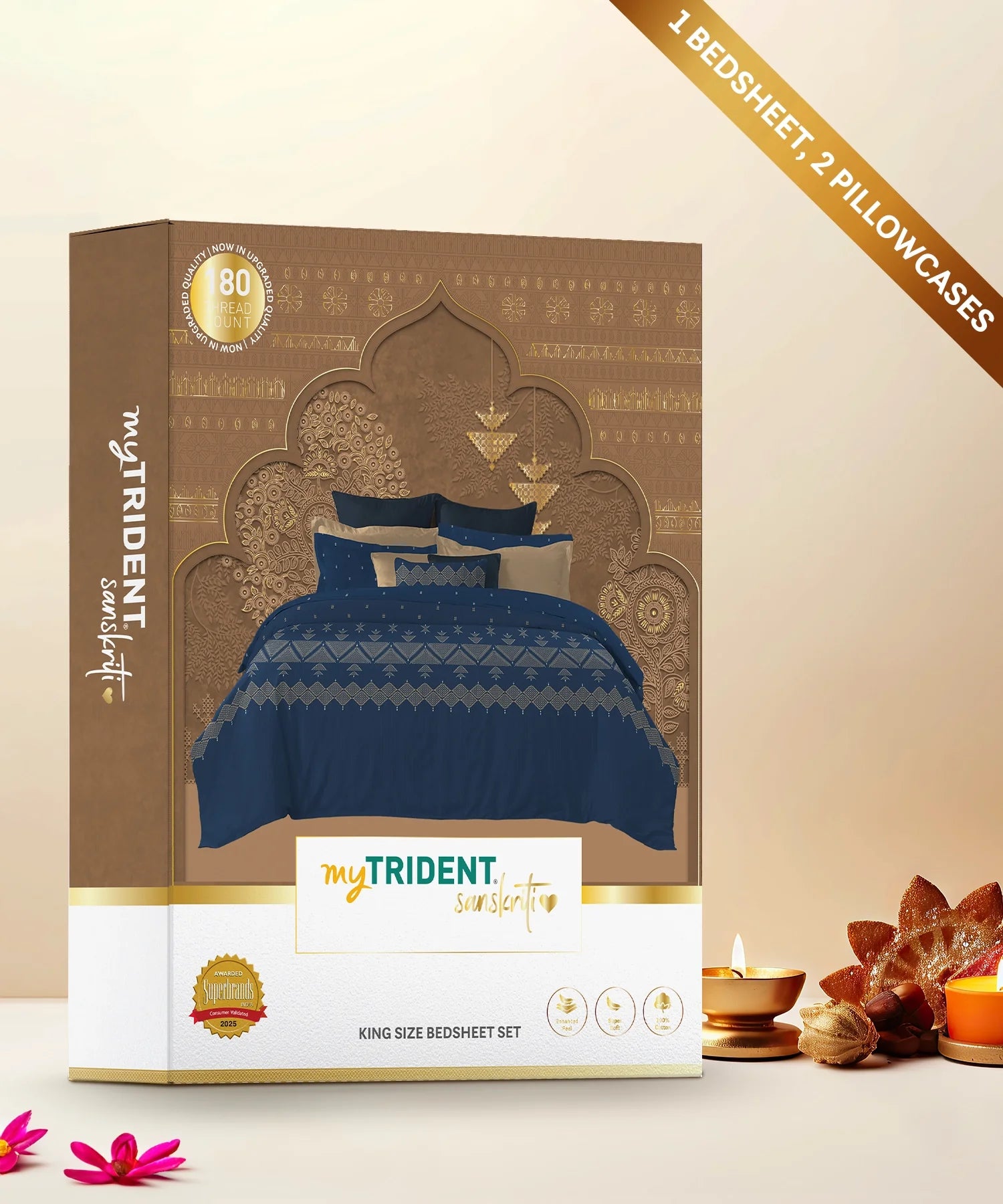 Sanskriti King Bedsheet Gift Set, Phulkari Blue| 180 TC Cotton| 2 Pillow Covers