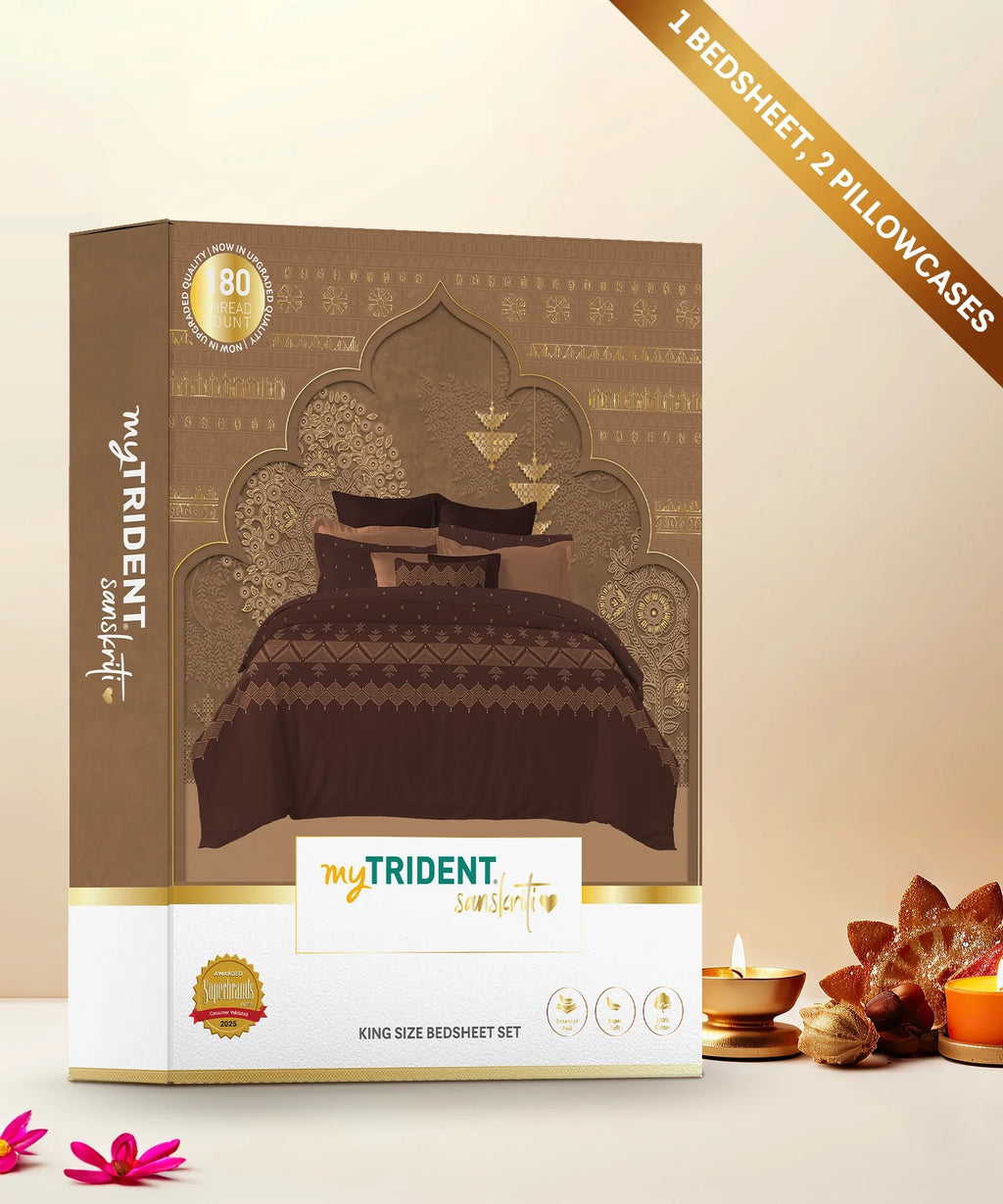 Sanskriti King Bedsheet Gift Set, Phulkari Brown| 180 TC Cotton| 2 Pillow Covers