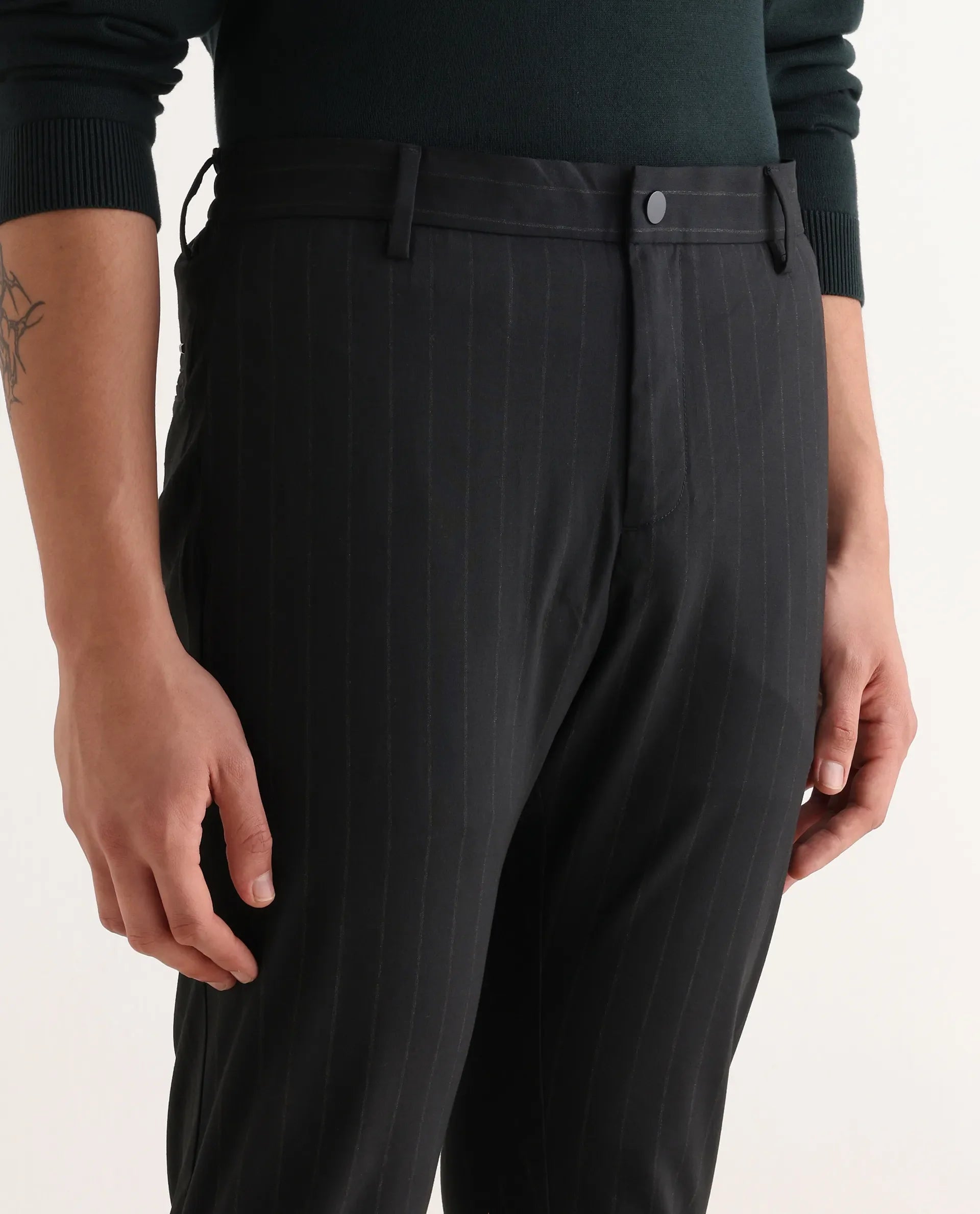 Rare Rabbit Men's Piper Navy Polyester Striped Print Regular Fit Trouser