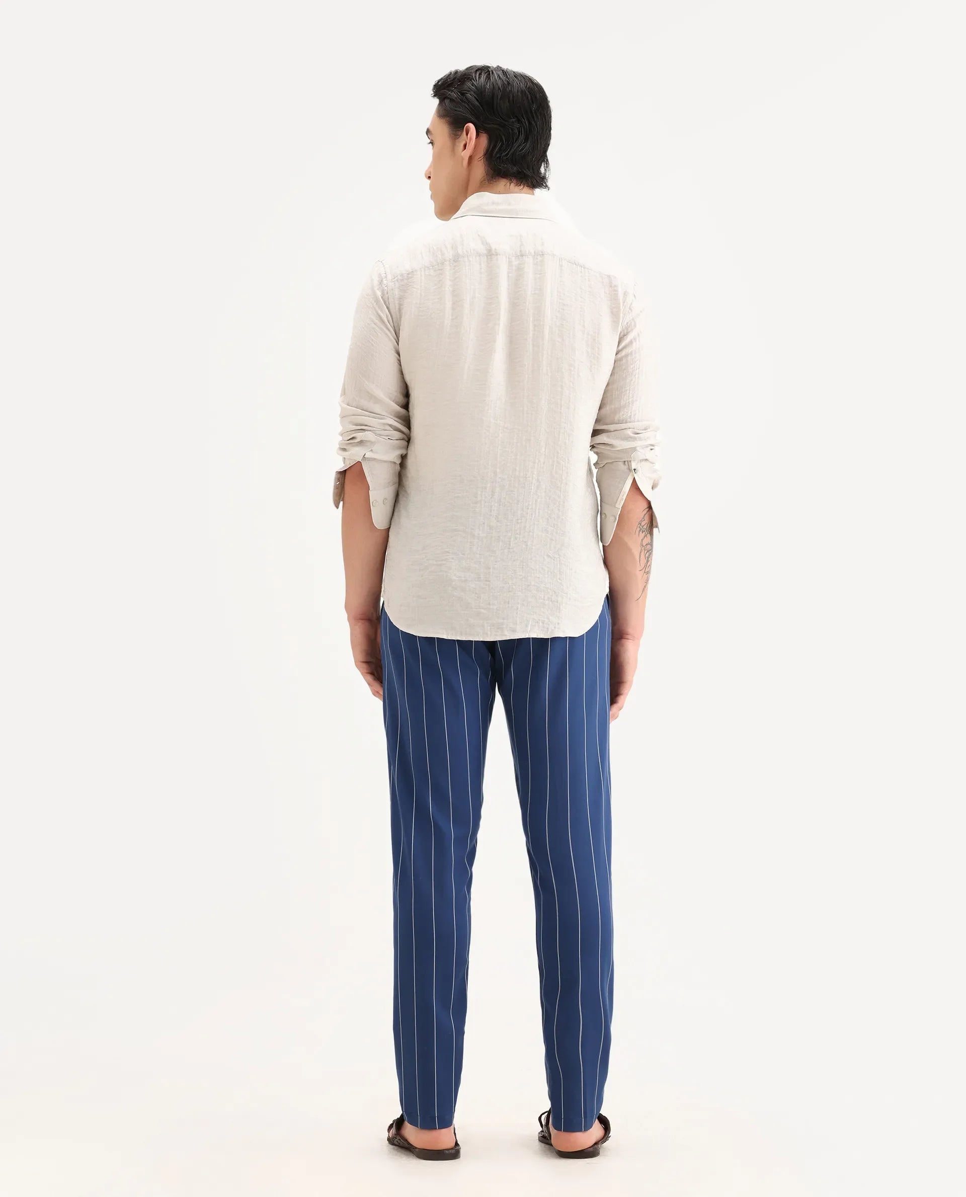 Rare Rabbit Men's Pixie Dark Blue Polyester Striped Print Regular Fit Trouser