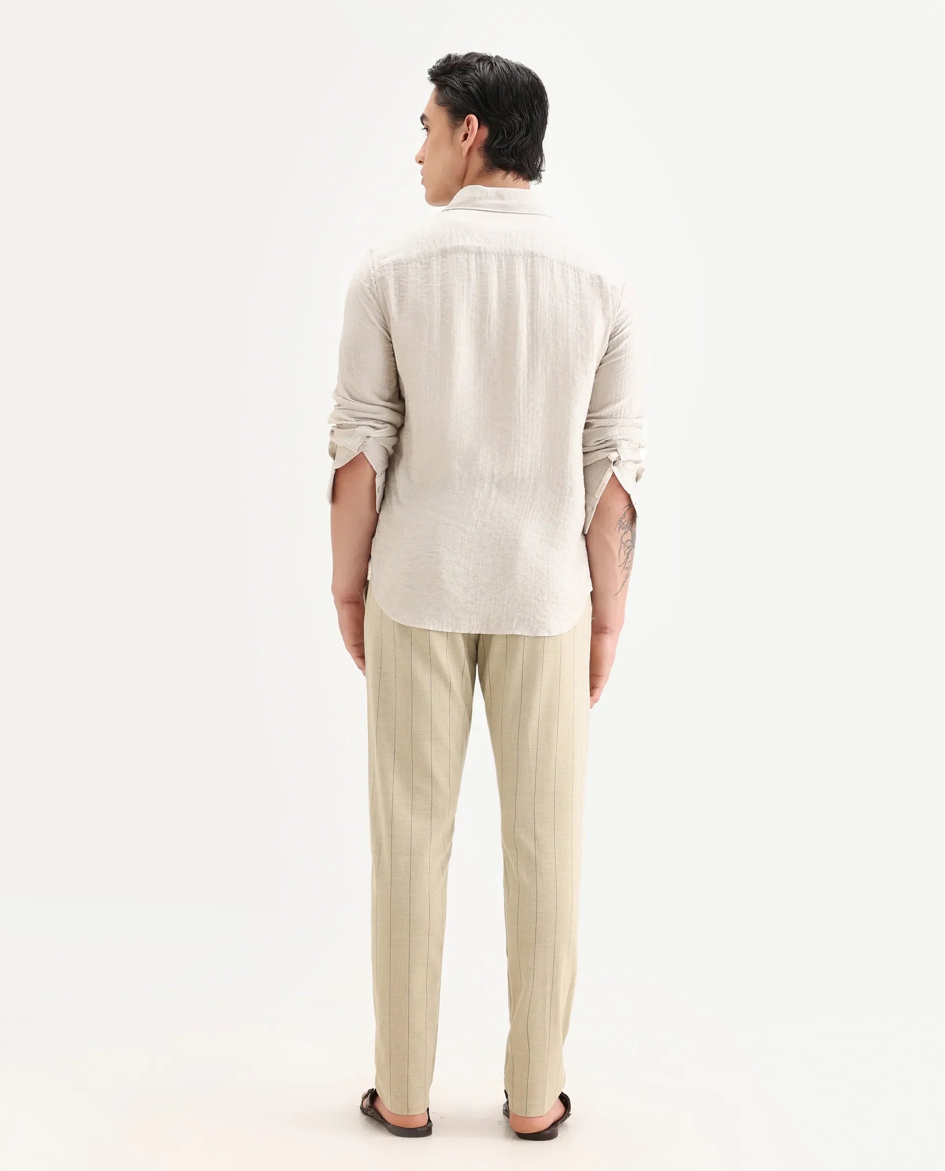 Rare Rabbit Men's Pixie Light Beige Polyester Striped Print Regular Fit Trouser