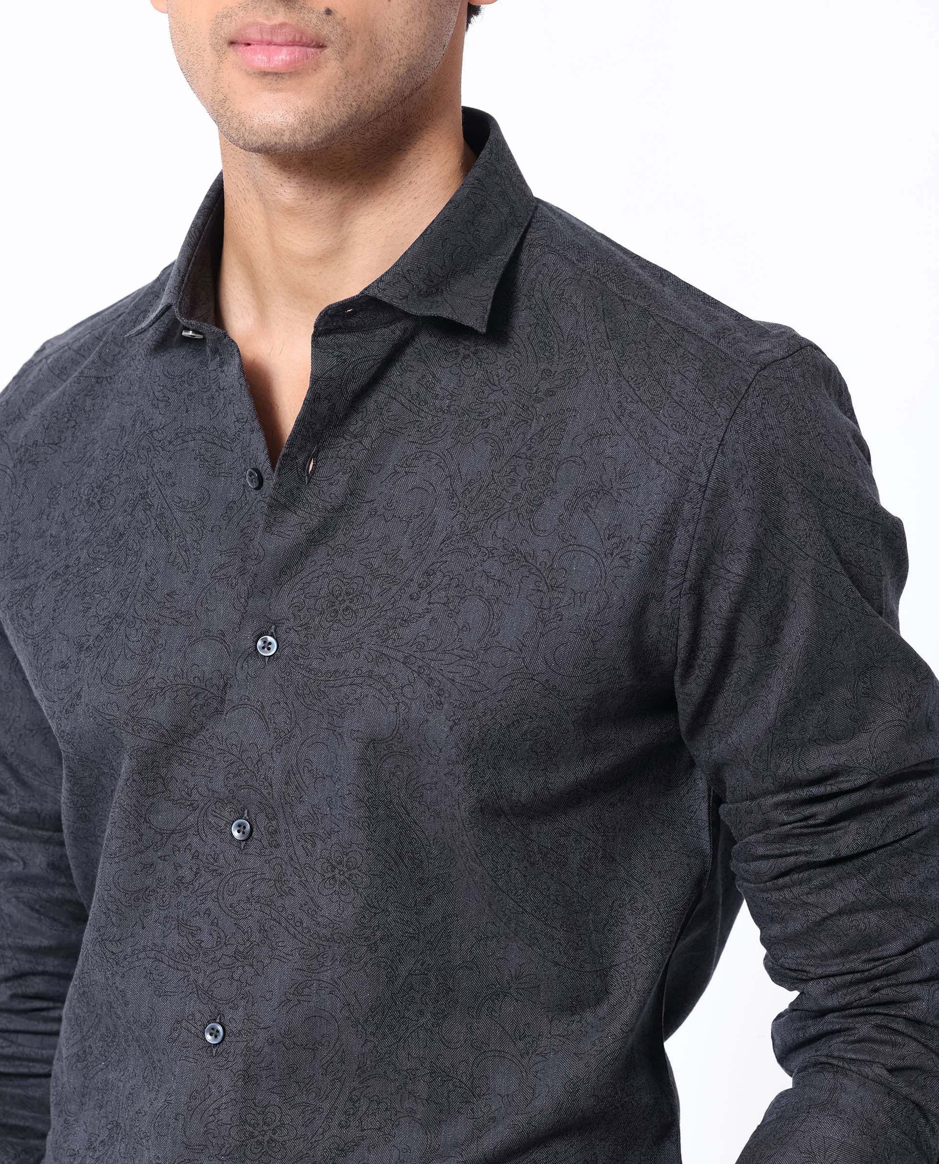 Rare Rabbit Men's Platim Navy Cotton Paisley Print Regular Fit Full Sleeve Collared Shirt