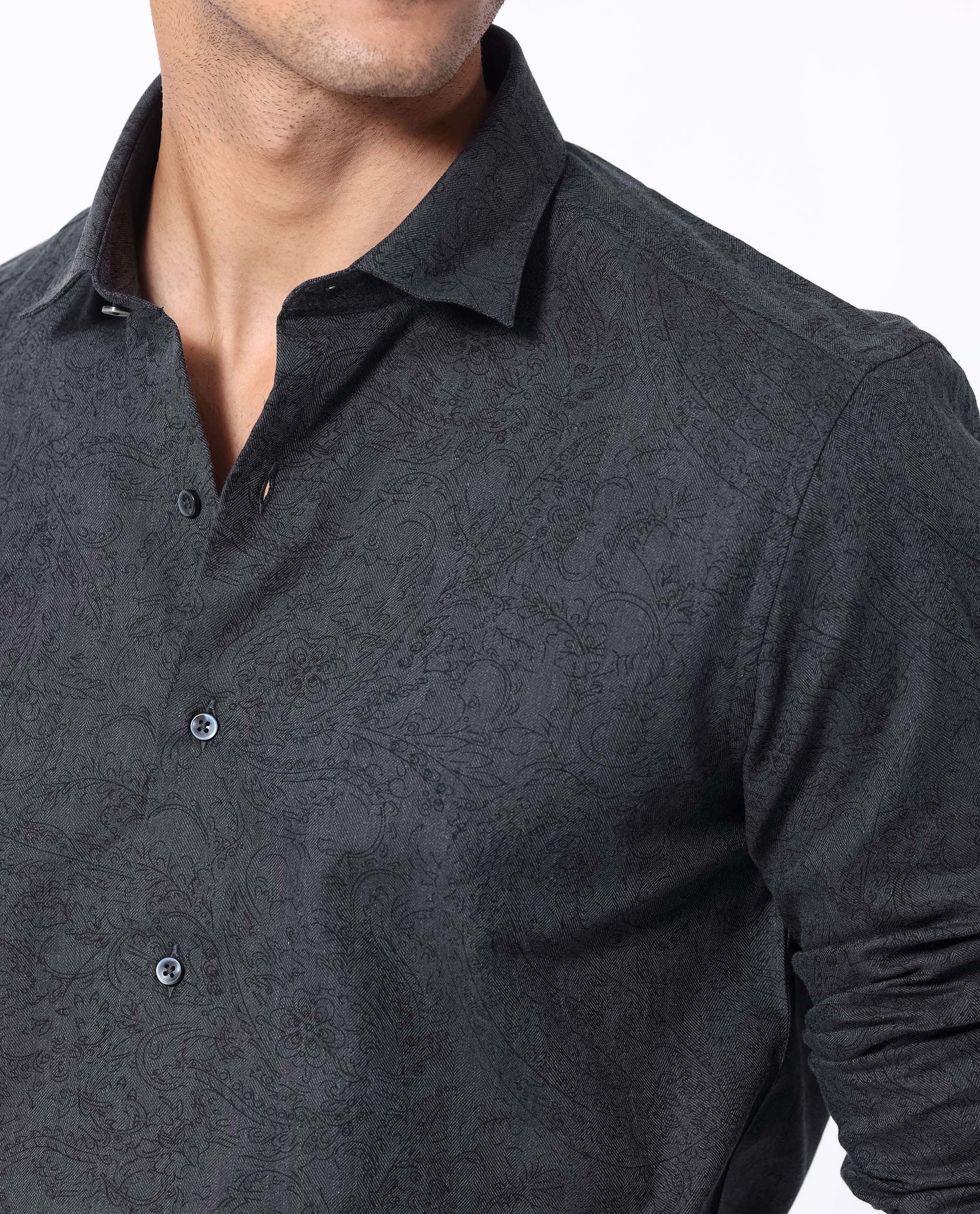 Rare Rabbit Men's Platim Navy Cotton Paisley Print Regular Fit Full Sleeve Collared Shirt