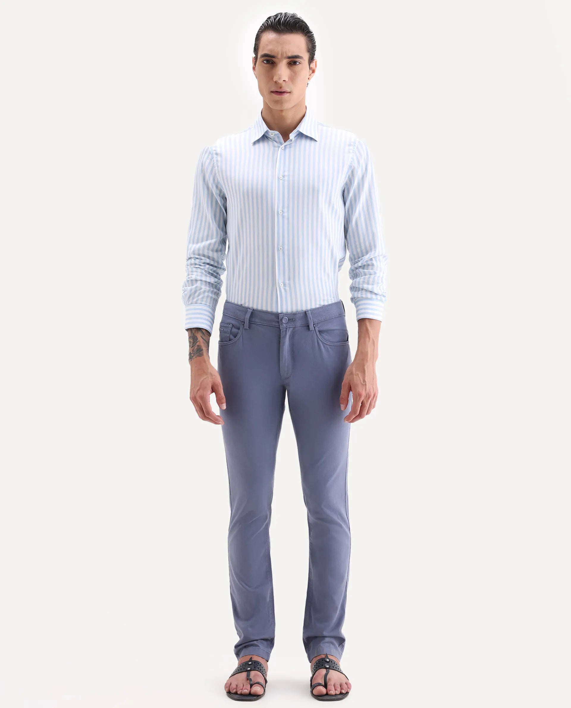 Rare Rabbit Men's Poke-2 Dusky Blue Cotton Plain Regular Fit Trouser