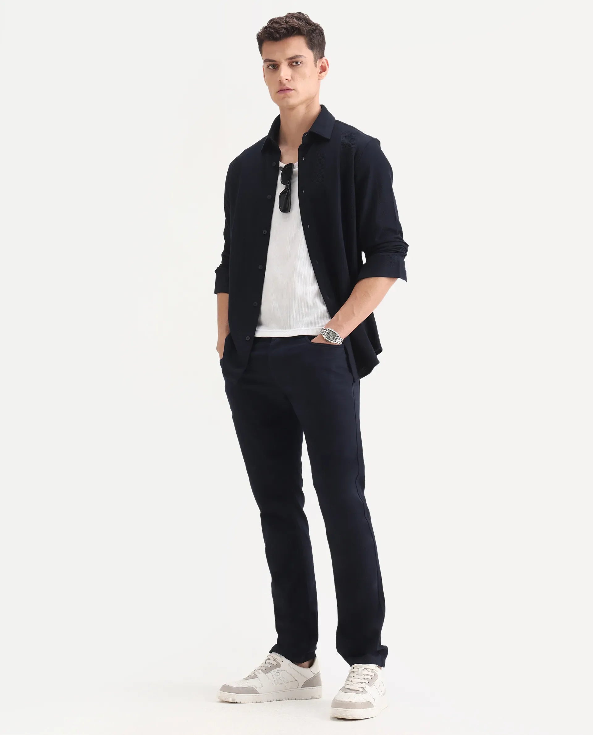 Rare Rabbit Men's Poke-2 Navy Cotton Plain Regular Fit Trouser