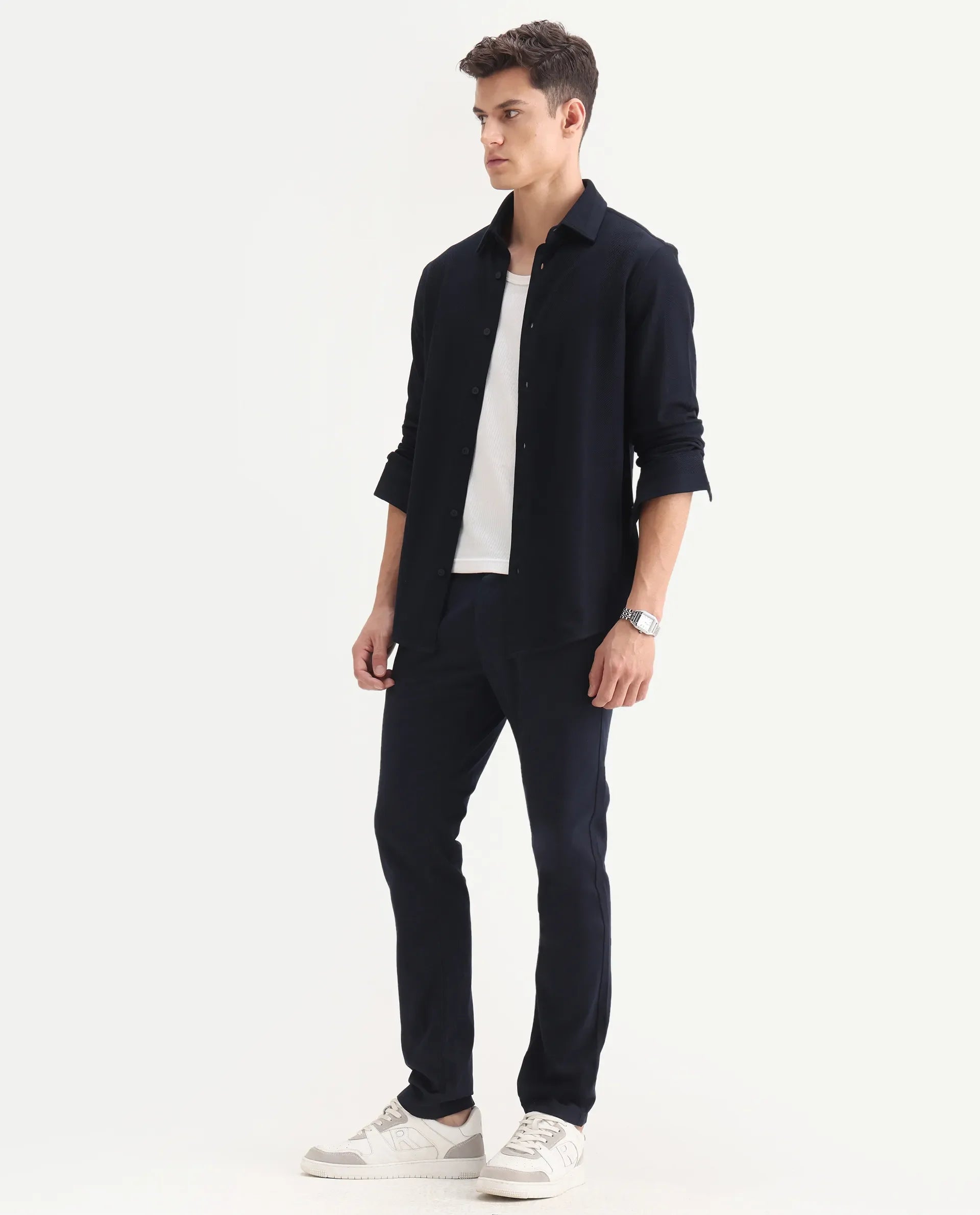 Rare Rabbit Men's Poke-2 Navy Cotton Plain Regular Fit Trouser