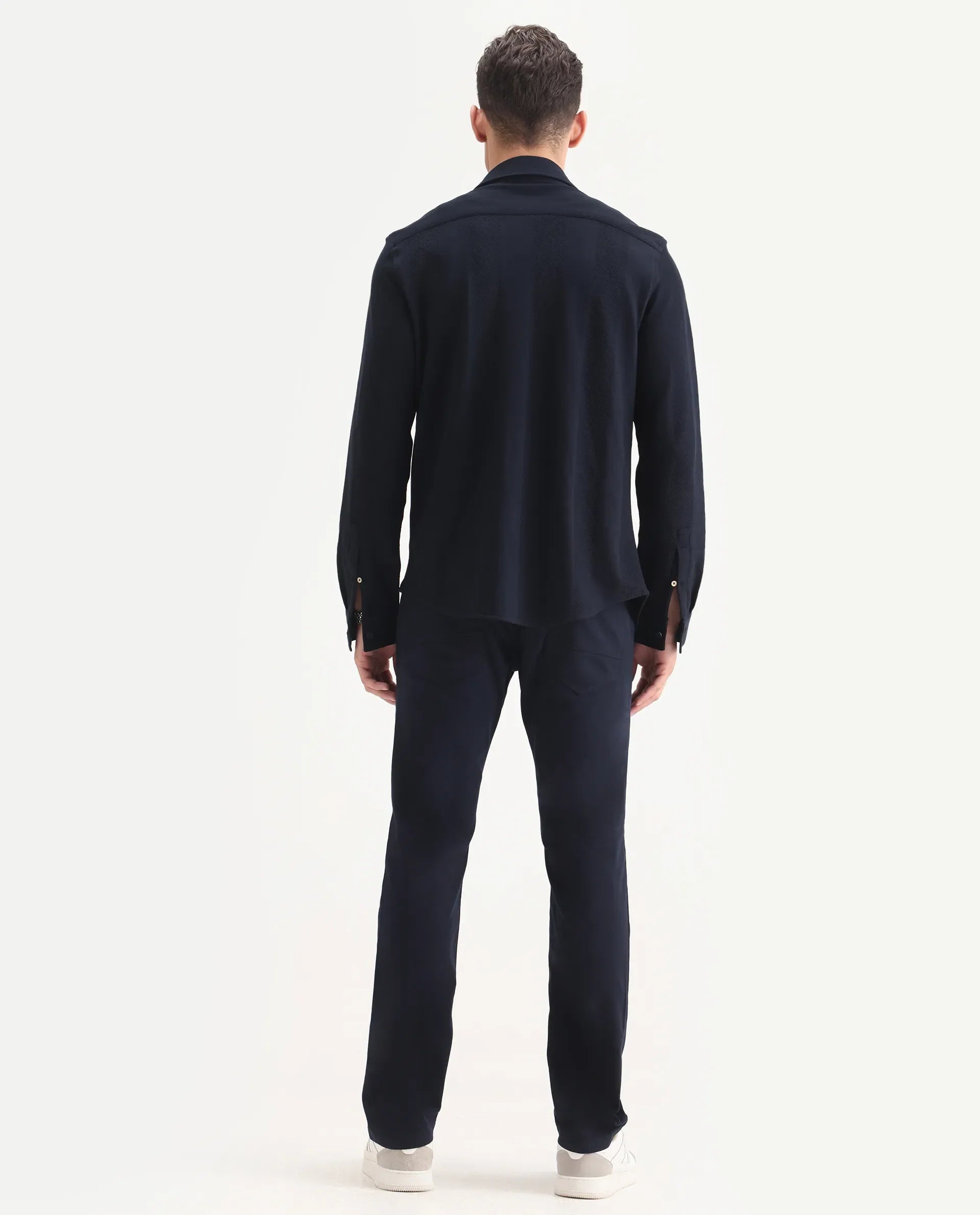 Rare Rabbit Men's Poke-2 Navy Cotton Plain Regular Fit Trouser