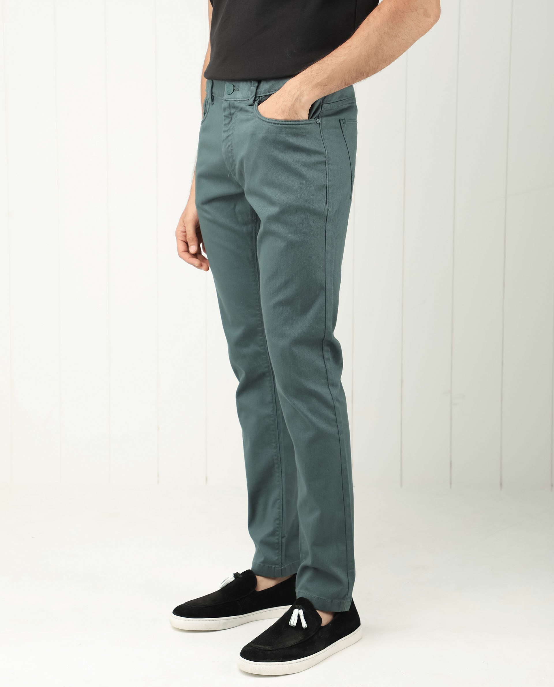 Rare Rabbit Men's Poke Dusky Green Cotton Plain Regular Fit Trouser
