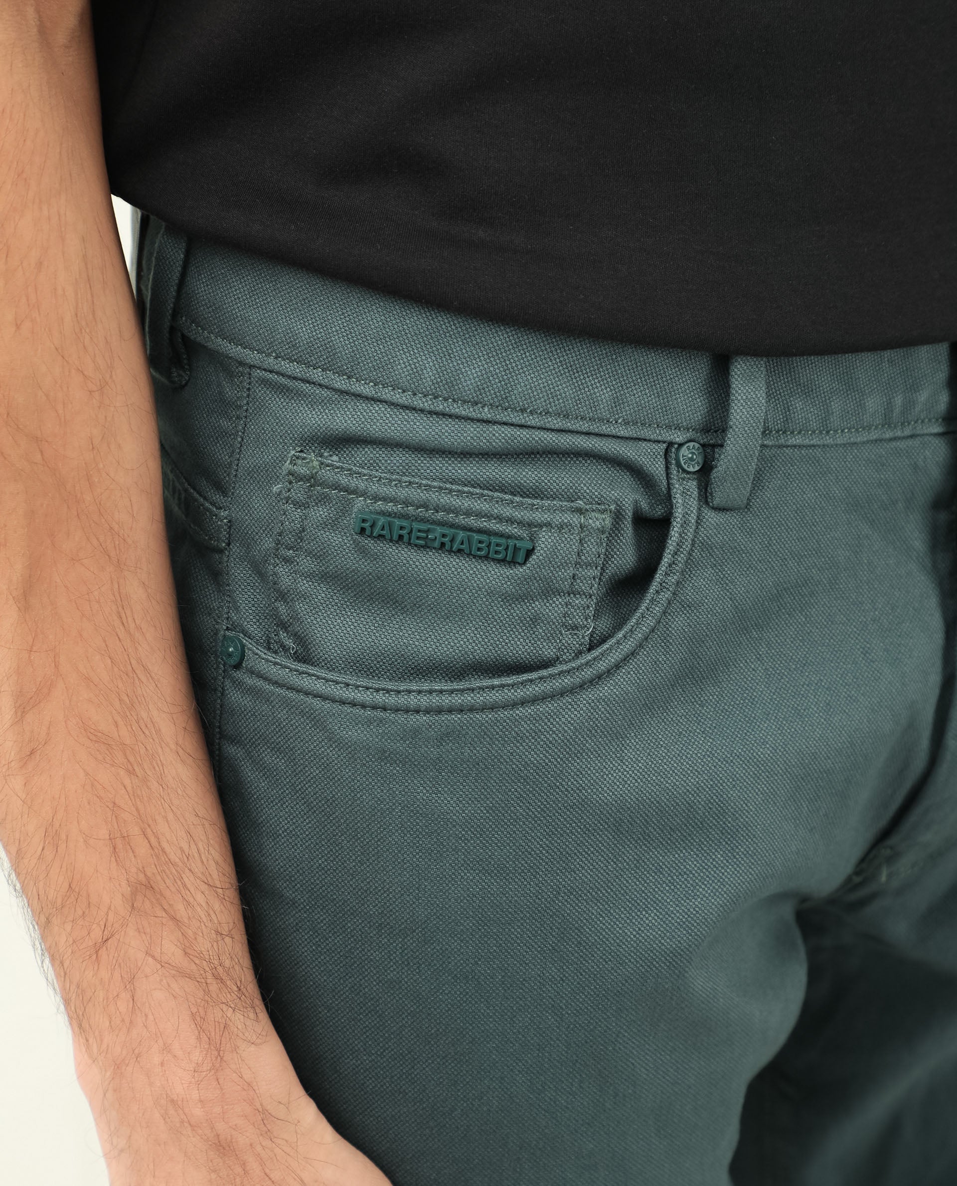 Rare Rabbit Men's Poke Dusky Green Cotton Plain Regular Fit Trouser