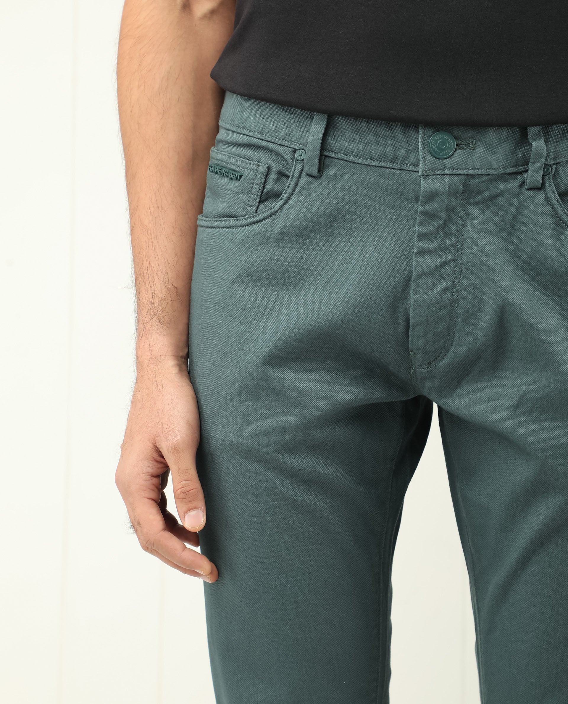Rare Rabbit Men's Poke Dusky Green Cotton Plain Regular Fit Trouser