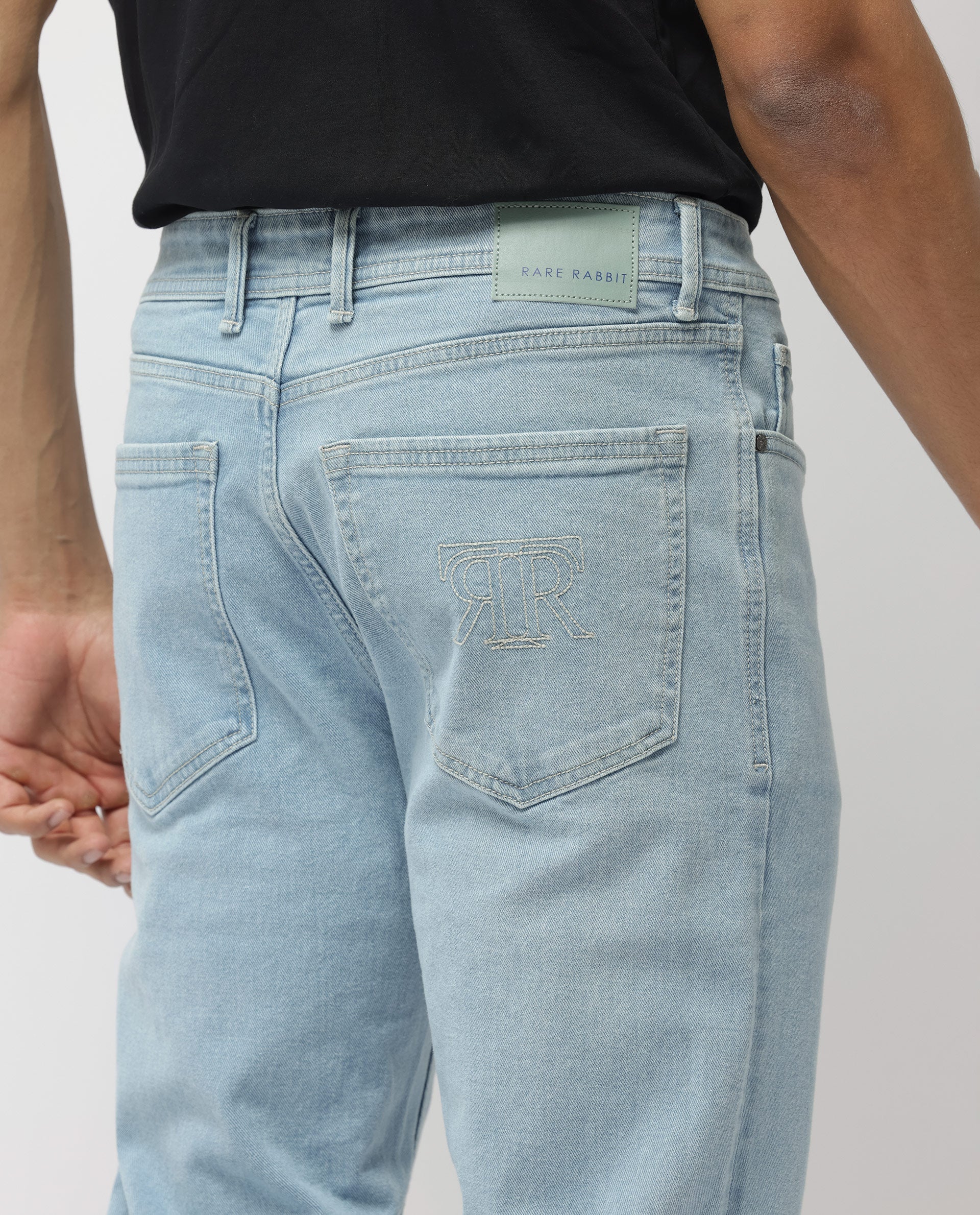 Rare Rabbit Men's Polin Pastel Blue Cotton Plain Morris Regular Fit Jeans