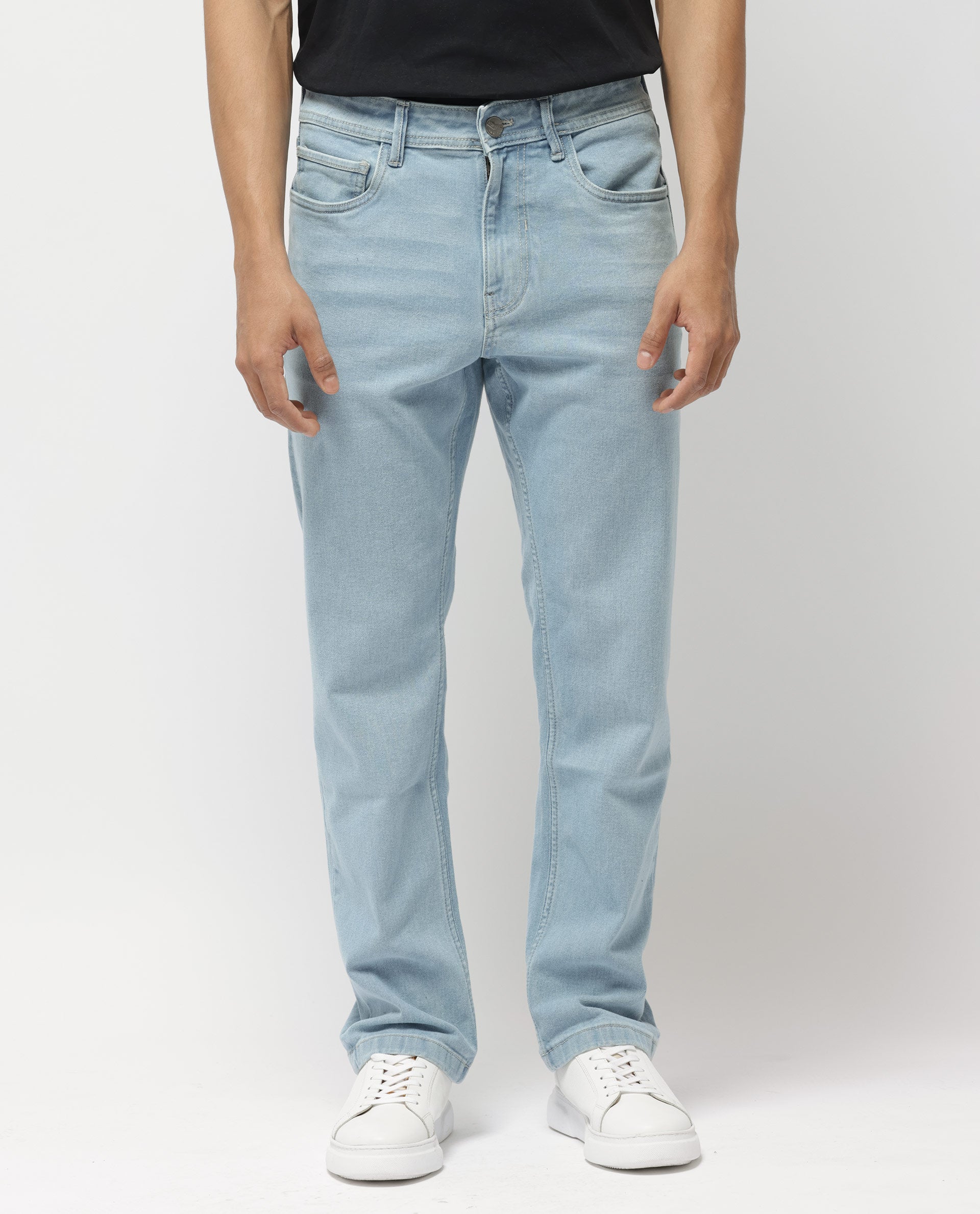 Rare Rabbit Men's Polin Pastel Blue Cotton Plain Morris Regular Fit Jeans