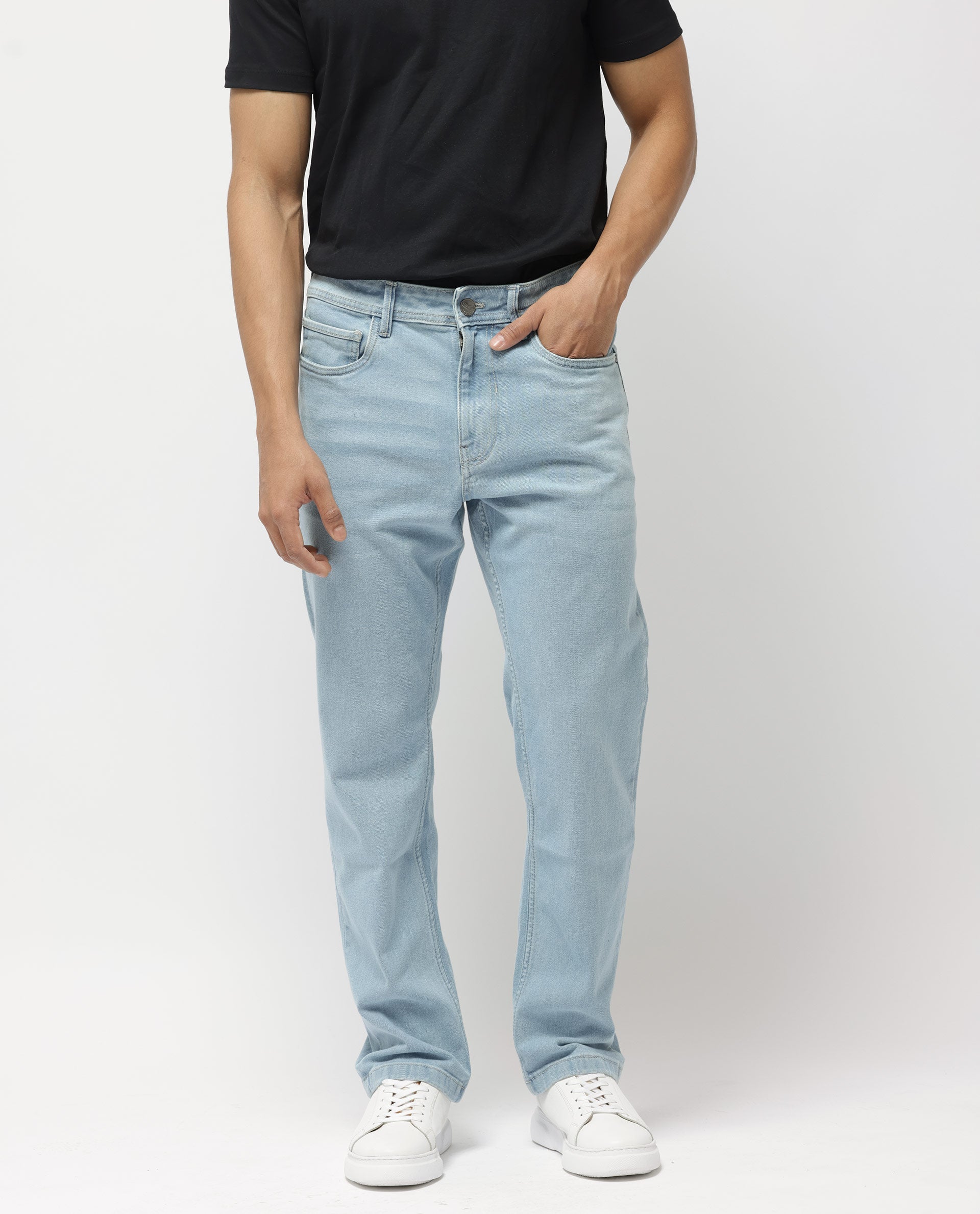 Rare Rabbit Men's Polin Pastel Blue Cotton Plain Morris Regular Fit Jeans