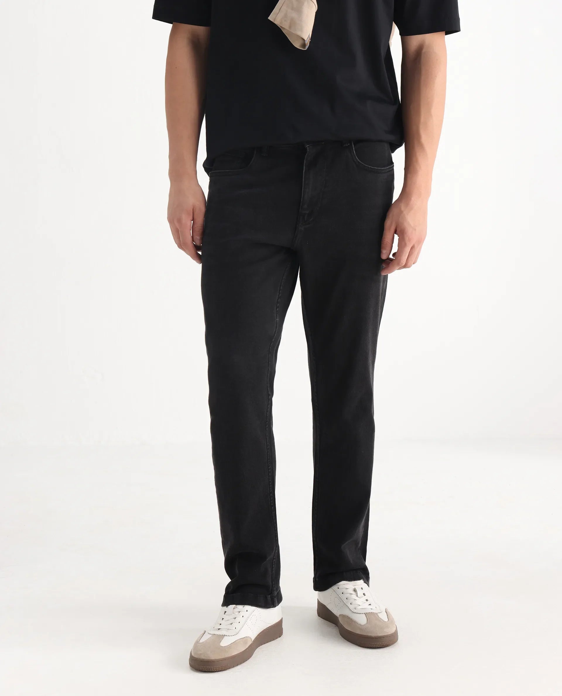 Rare Rabbit Men's Polin Black Cotton Plain Morris Regular Fit Jeans