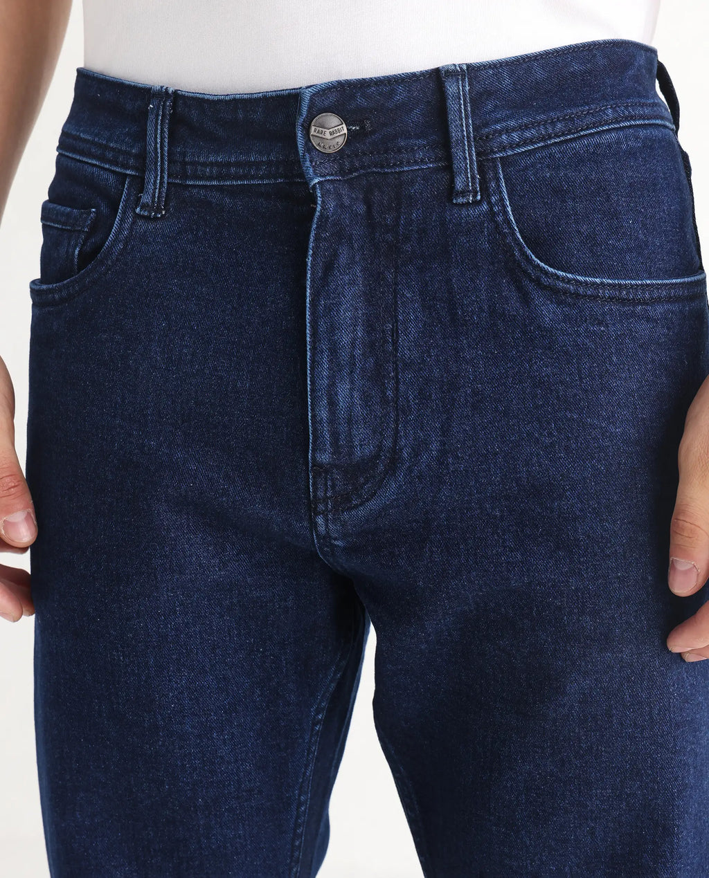 Rare Rabbit Men's Polin Navy Cotton Plain Morris Regular Fit Jeans