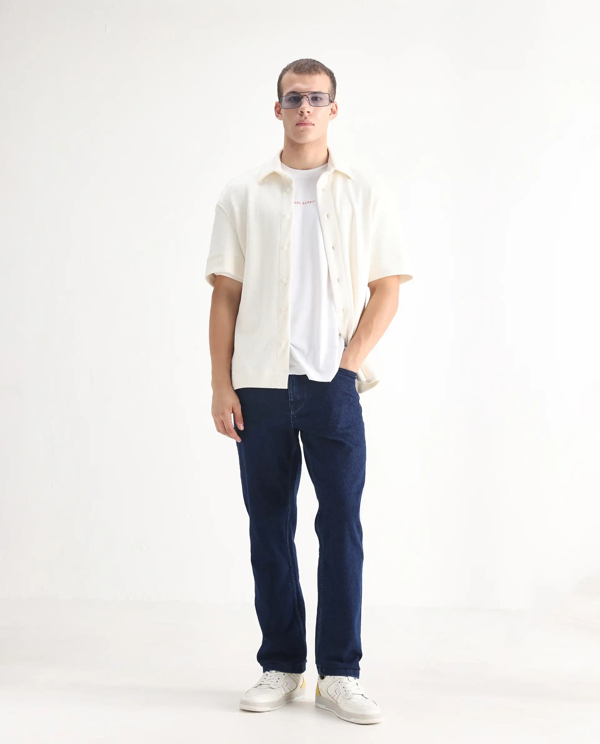 Rare Rabbit Men's Polin Navy Cotton Plain Morris Regular Fit Jeans
