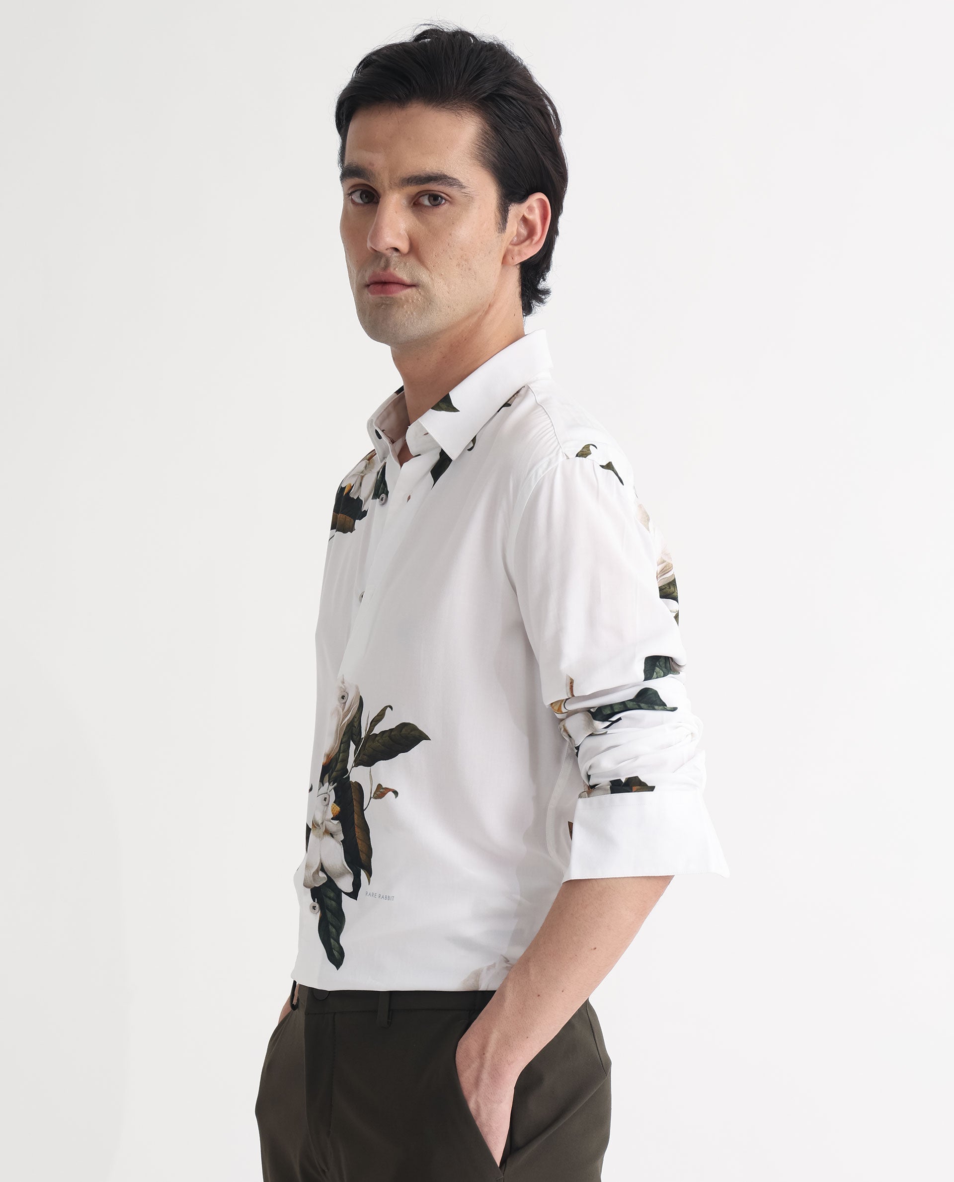 Rare Rabbit Men's Poseidon White Viscose Floral Print Regular Fit Full Sleeve Collared Shirt