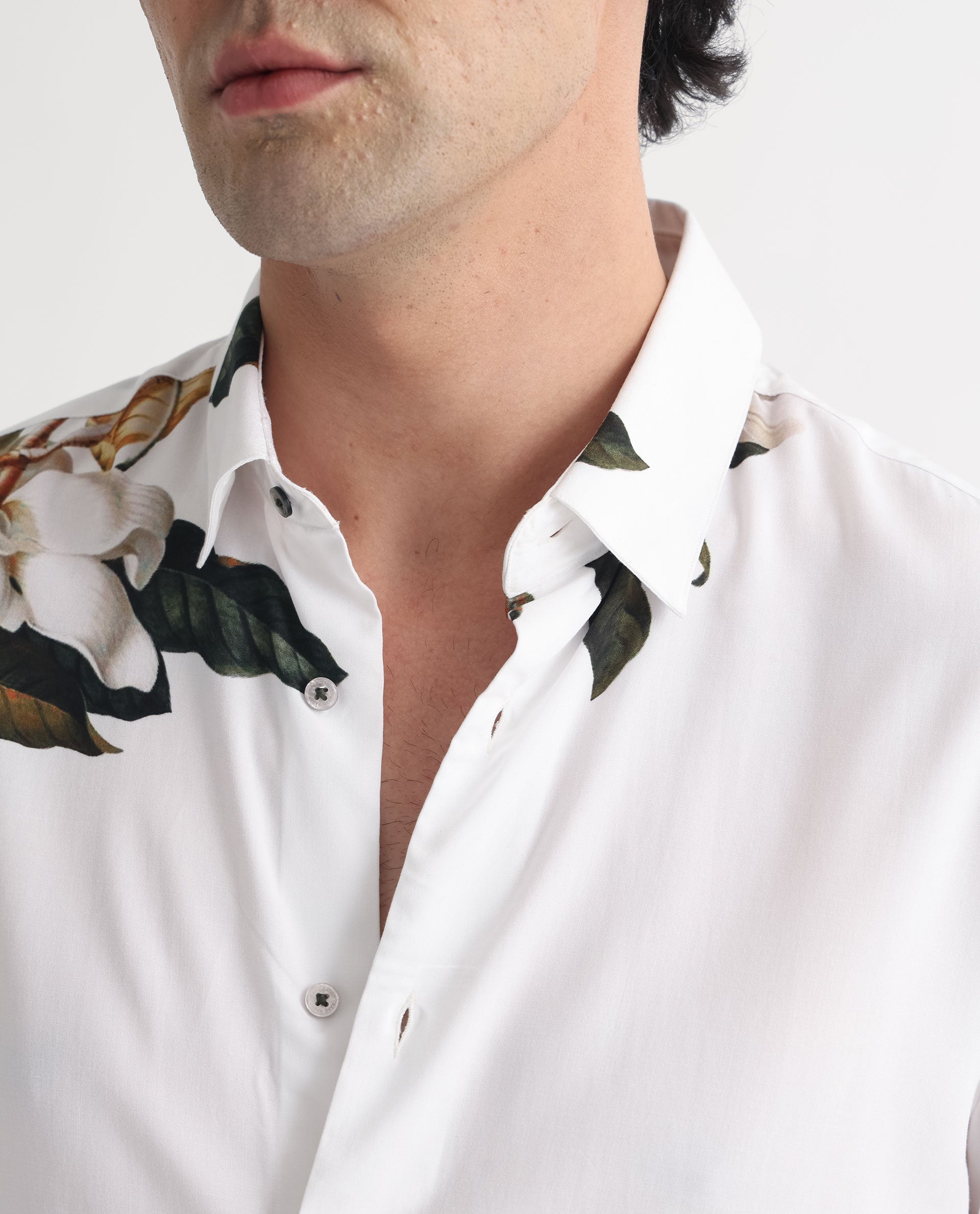 Rare Rabbit Men's Poseidon White Viscose Floral Print Regular Fit Full Sleeve Collared Shirt
