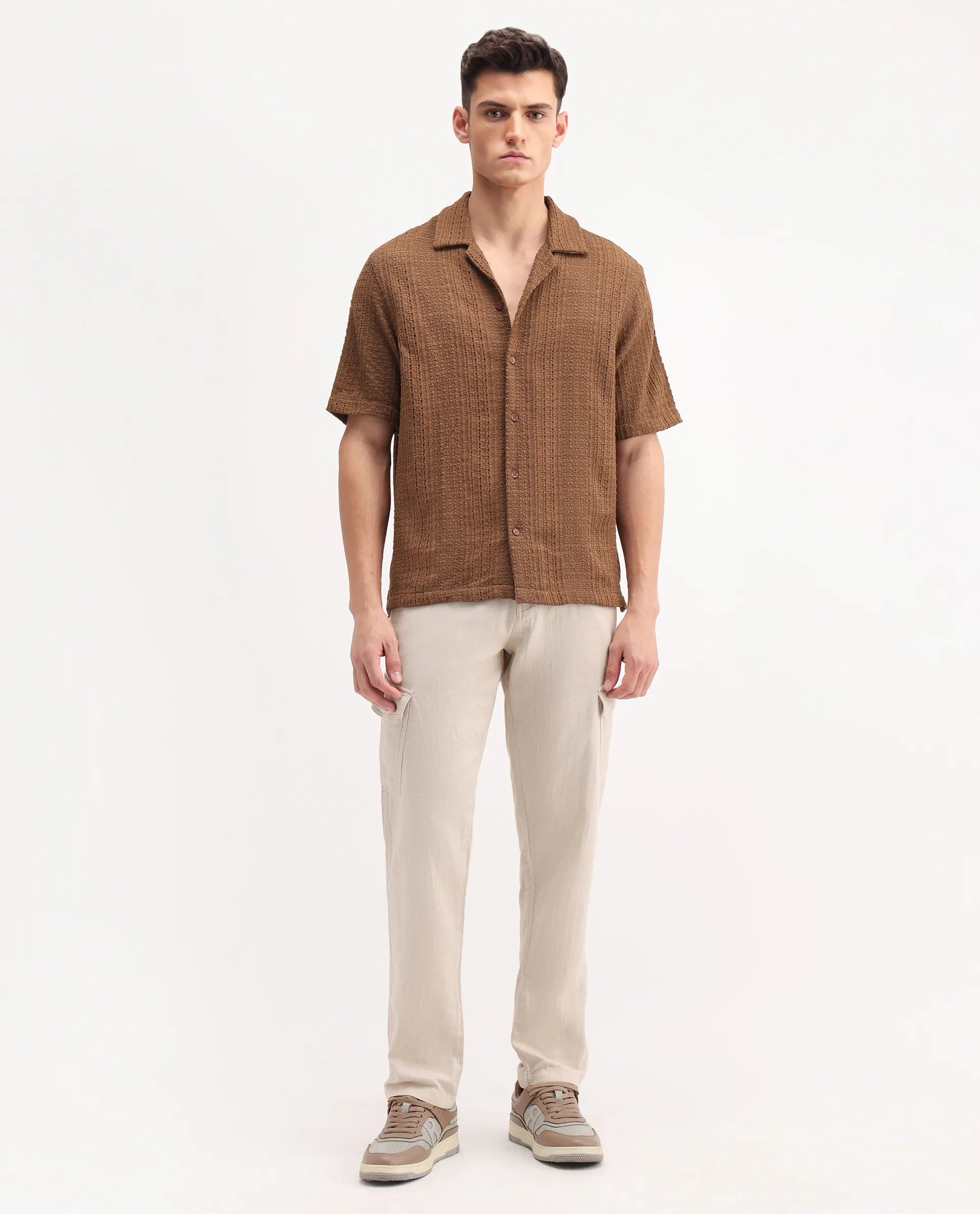 Rare Rabbit Men's Presso-25 Beige Cotton Plain Relaxed Fit Trouser