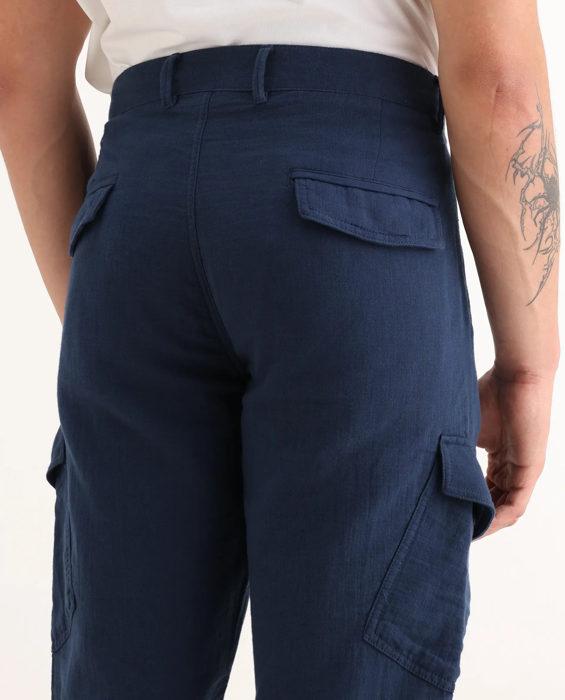Rare Rabbit Men's Presso-25 Dusky Blue Cotton Plain Relaxed Fit Trouser