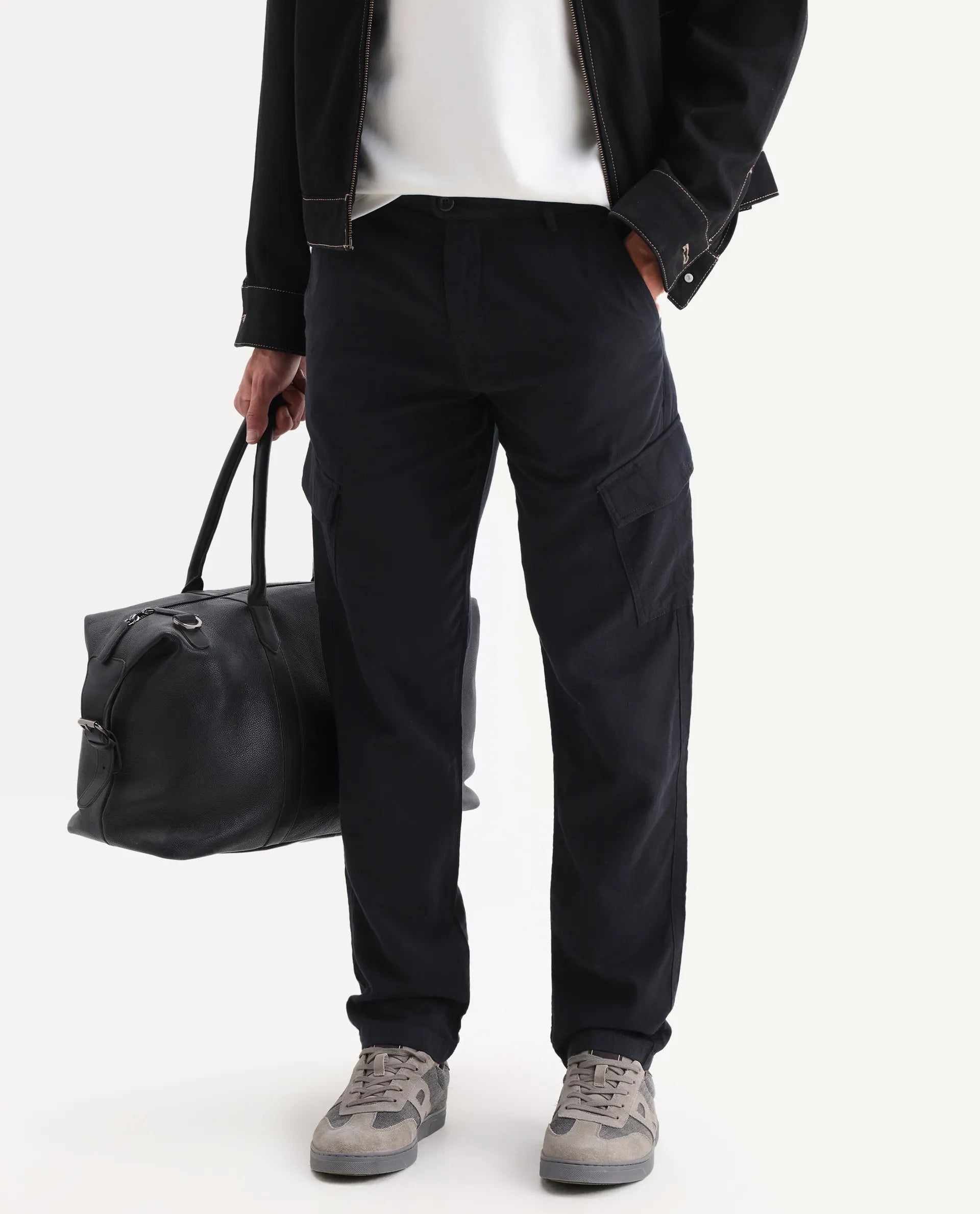 Rare Rabbit Men's Presso 25 Black Cotton Plain Relaxed Fit Trouser