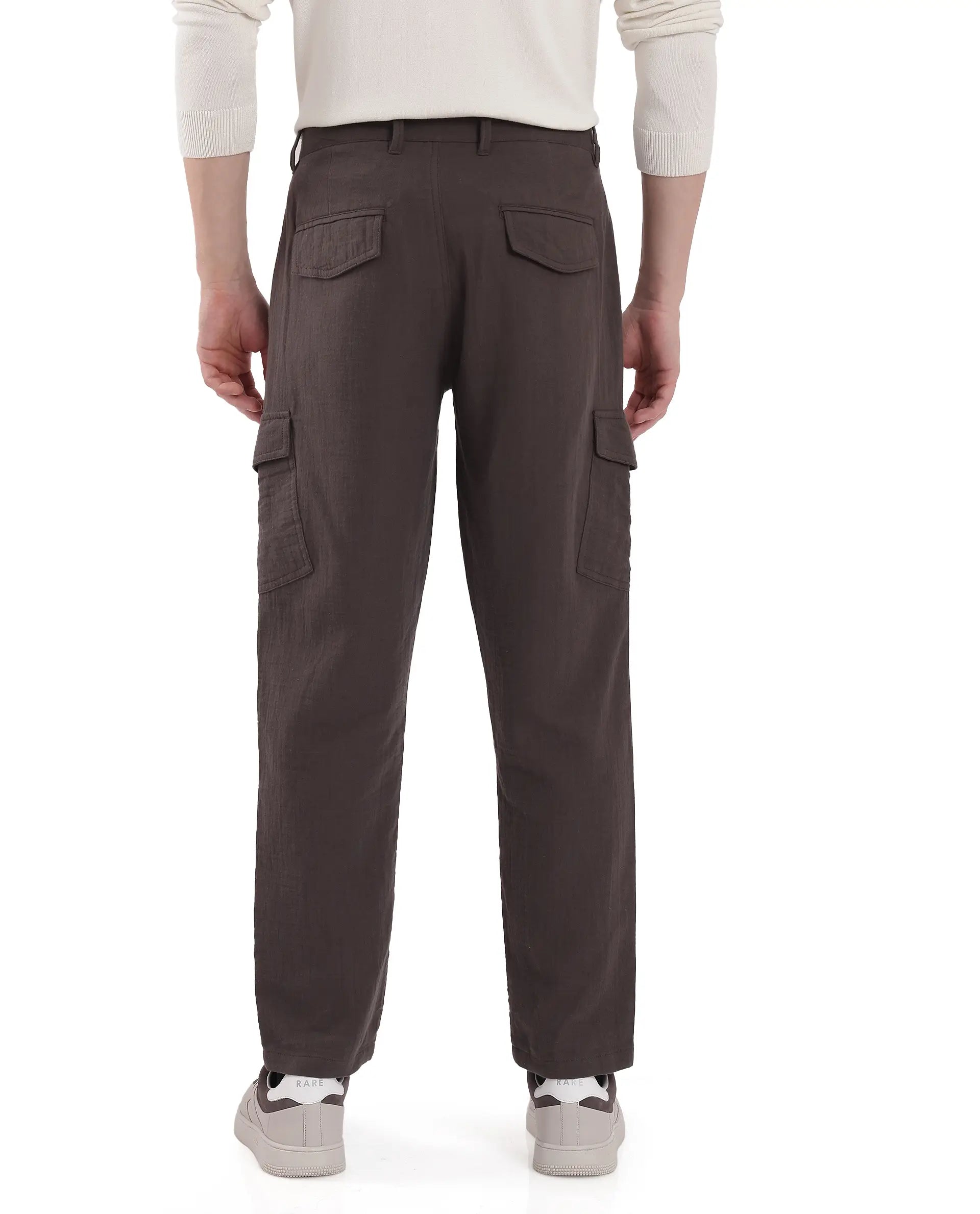 Rare Rabbit Men's Presso Dusky Brown Cotton Plain Relaxed Fit Trouser