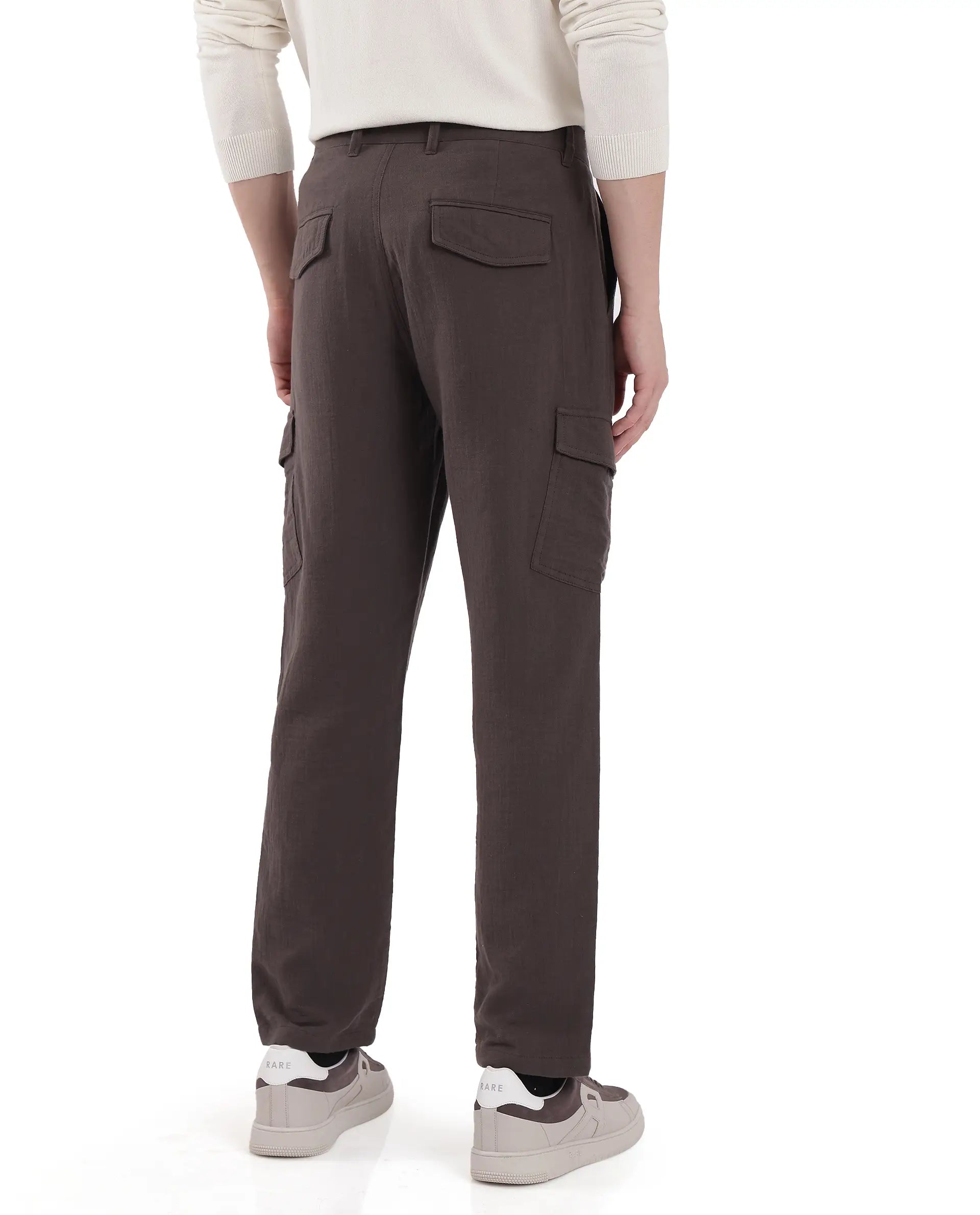 Rare Rabbit Men's Presso Dusky Brown Cotton Plain Relaxed Fit Trouser