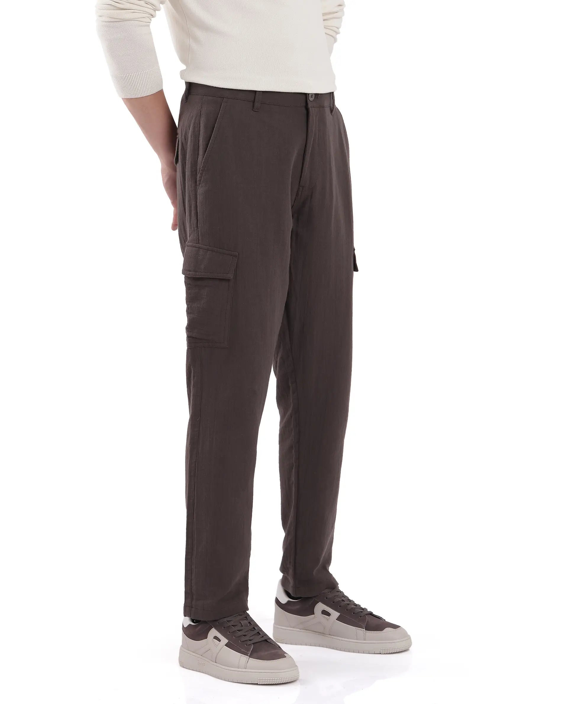 Rare Rabbit Men's Presso Dusky Brown Cotton Plain Relaxed Fit Trouser