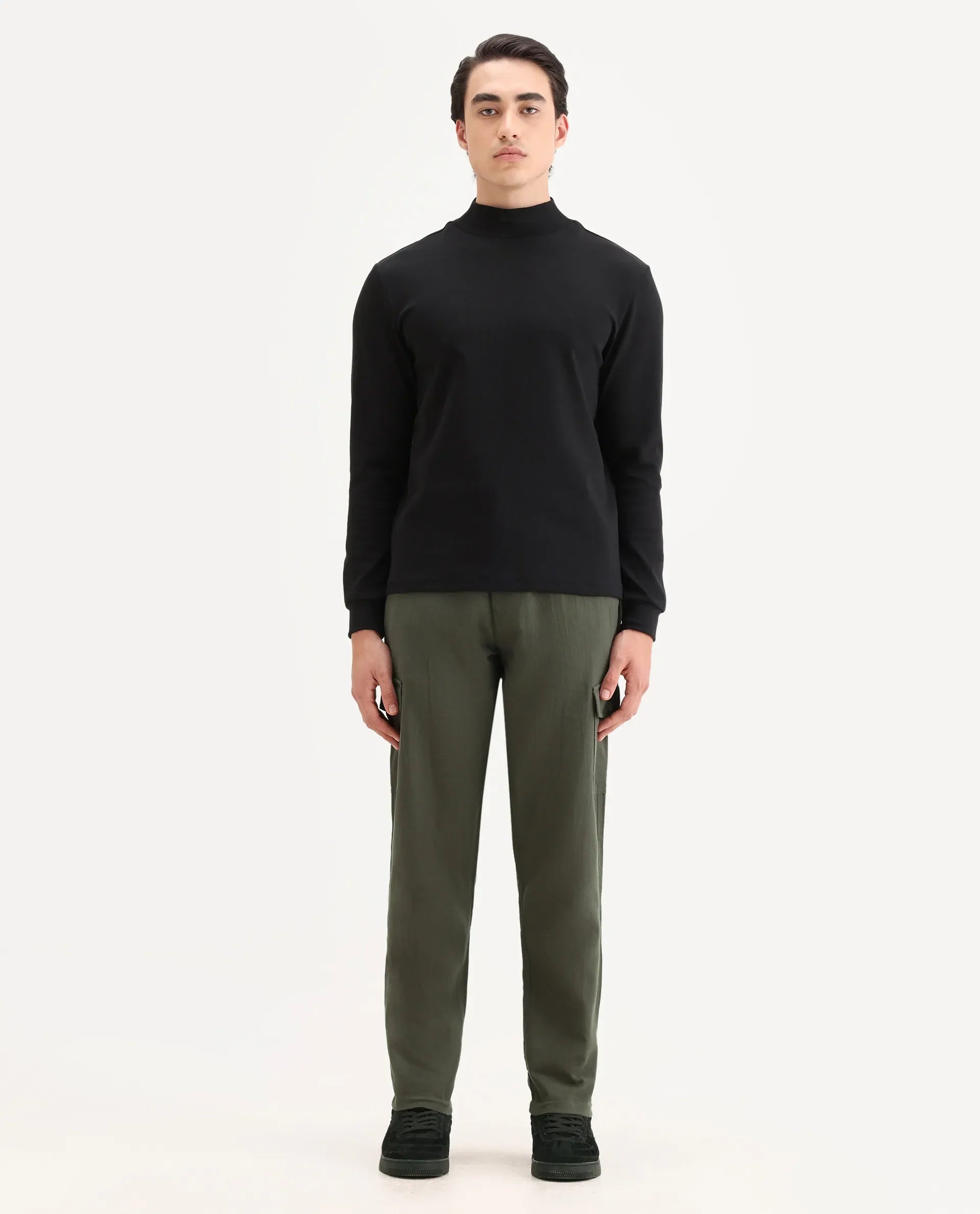 Rare Rabbit Men's Presso Dusky Green Cotton Plain Relaxed Fit Trouser