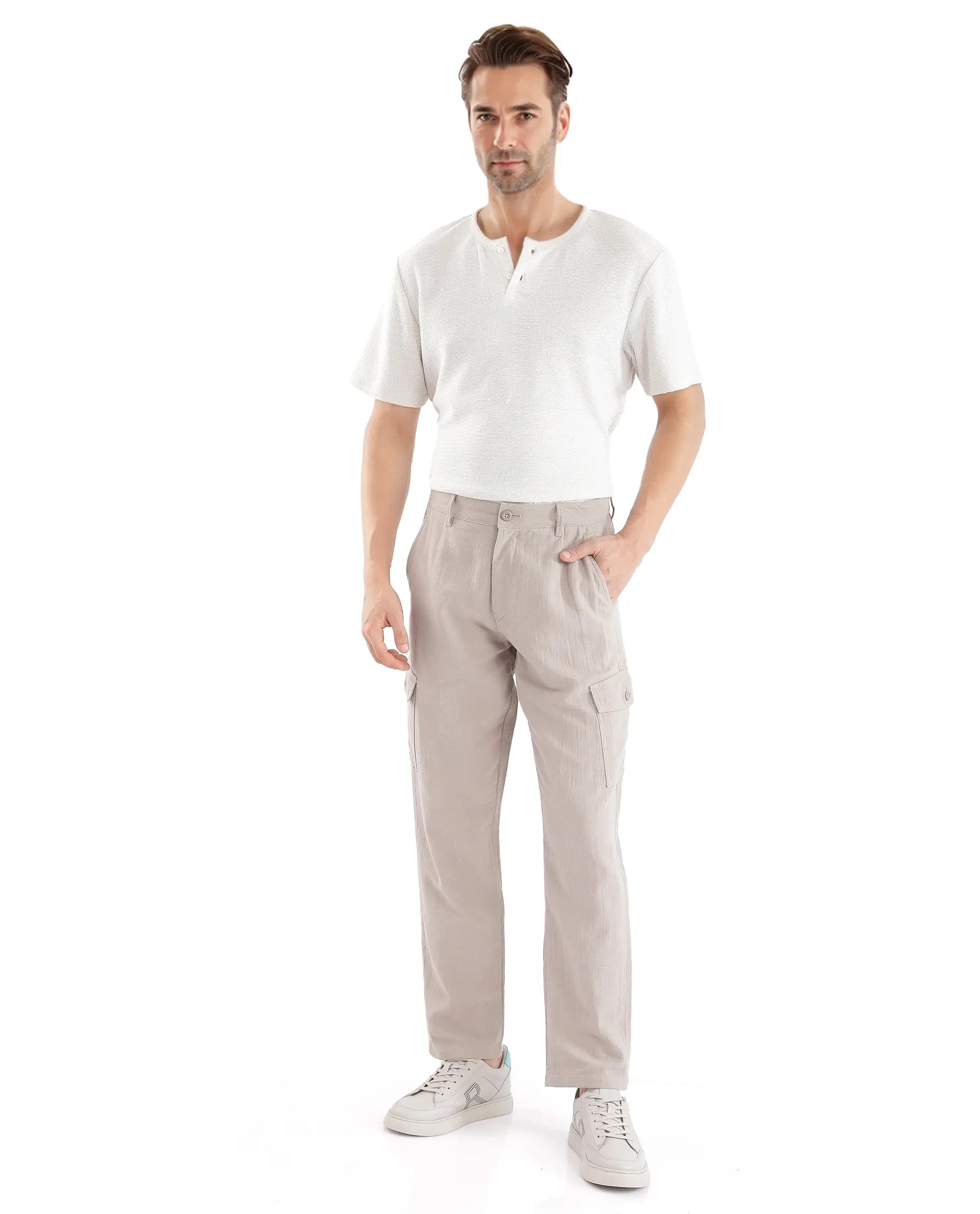 Rare Rabbit Men's Presso Light Beige Cotton Plain Relaxed Fit Trouser