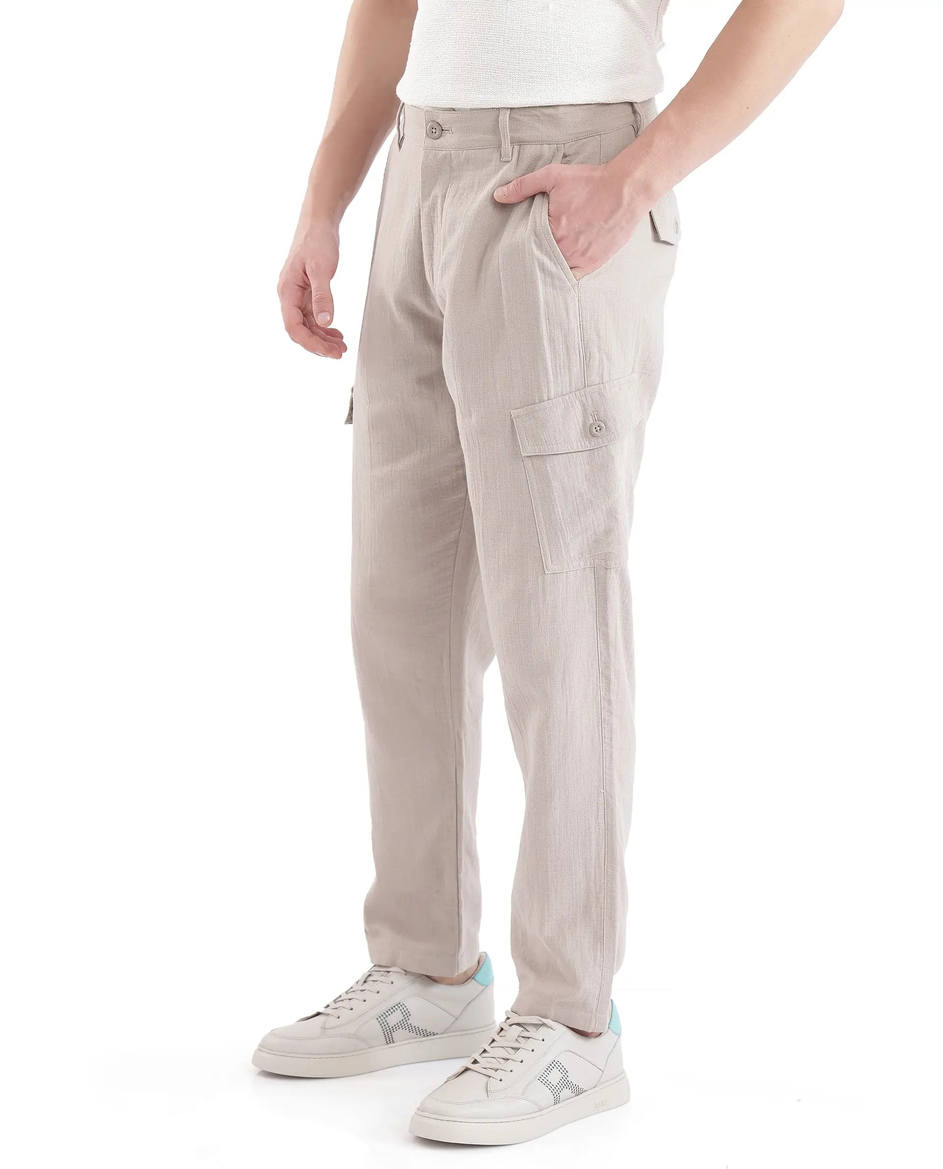 Rare Rabbit Men's Presso Light Beige Cotton Plain Relaxed Fit Trouser