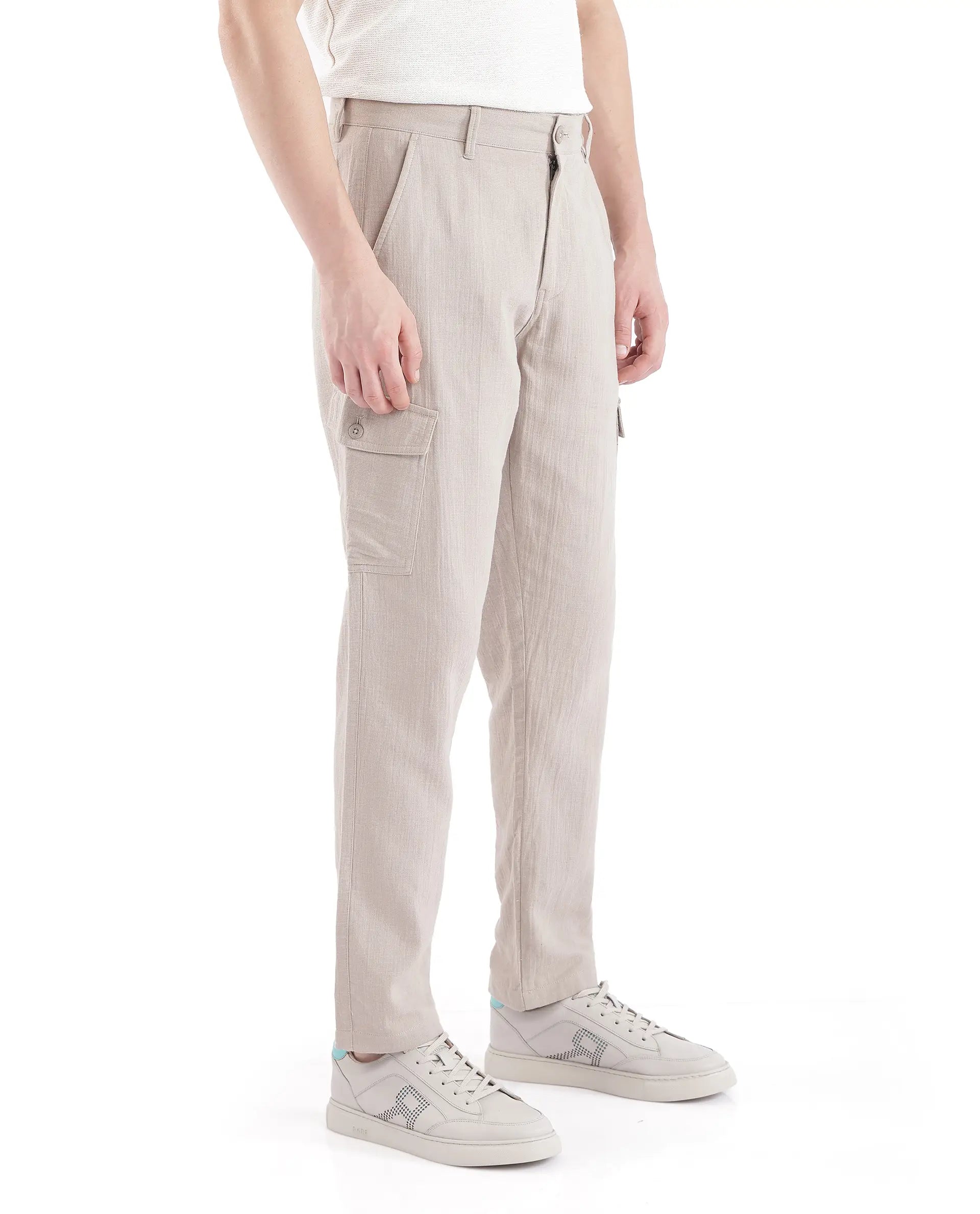 Rare Rabbit Men's Presso Light Beige Cotton Plain Relaxed Fit Trouser