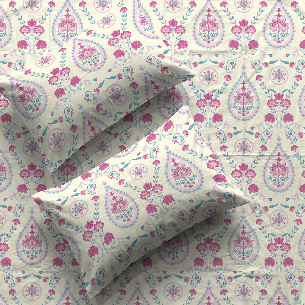 Serene 200 TC 100% Cotton Bedsheet with Pillow Covers - Persian Courtyard Pink