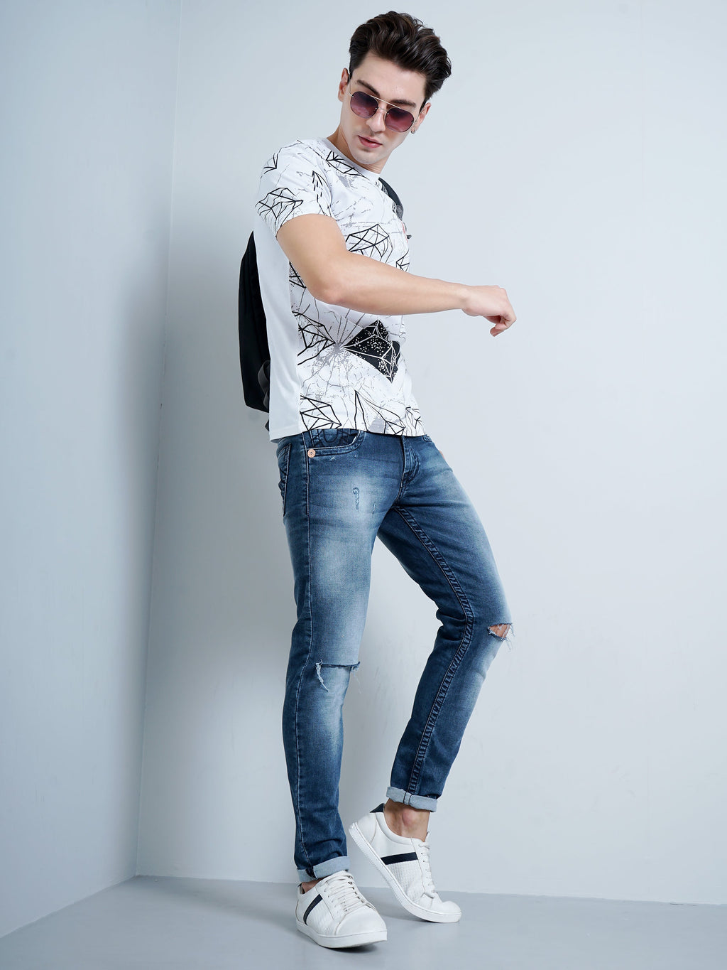 Men Diamond Print White T-Shirt