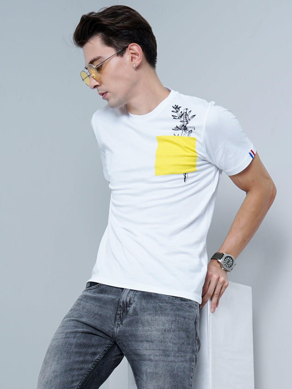 Men Yellow Patch White T-Shirt