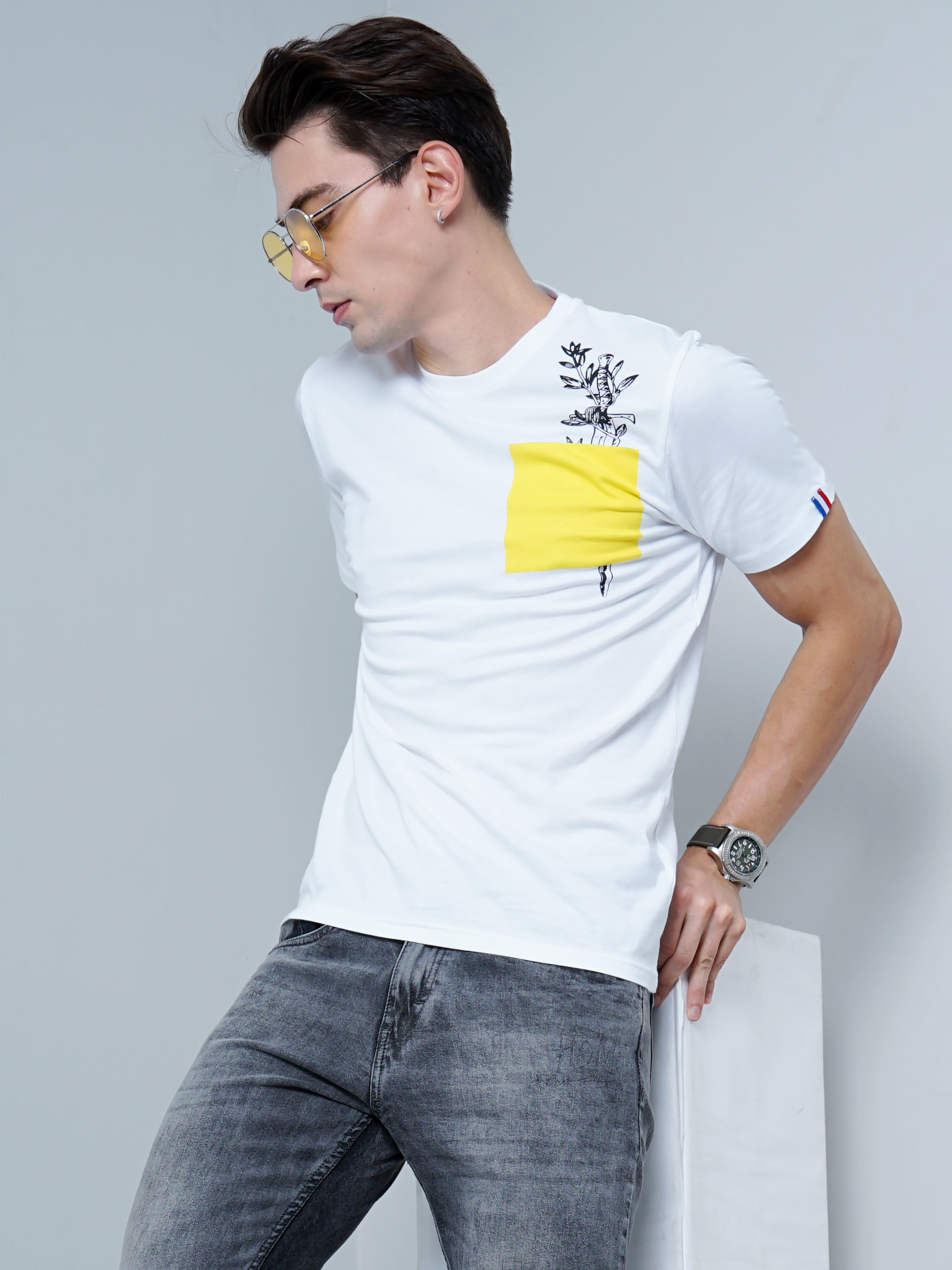 Men Yellow Patch White T-Shirt