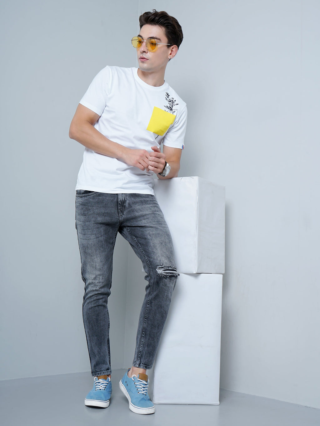 Men Yellow Patch White T-Shirt