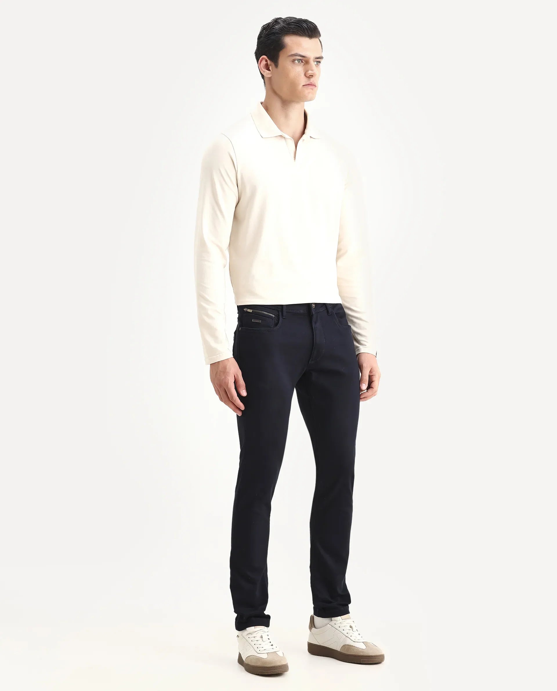 Rare Rabbit Men's Radley Navy Cotton Plain Hawk Slim Fit Jeans