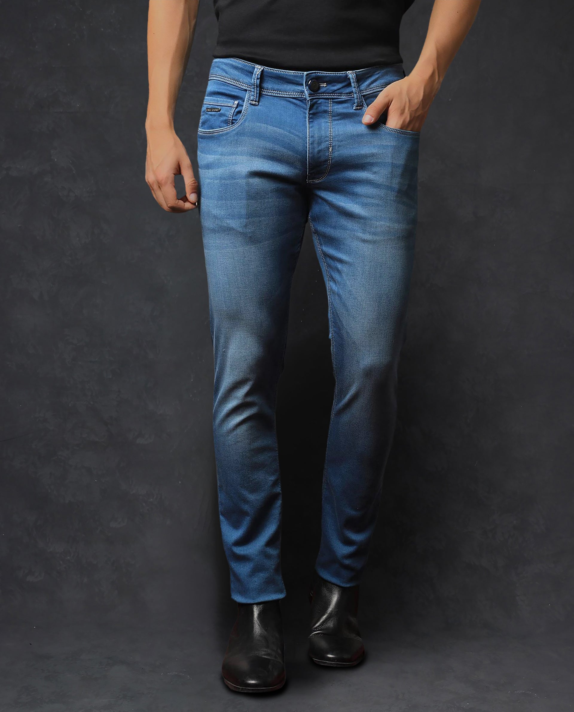 Rare Rabbit Men's Radley Light Blue Cotton Plain Hawk Slim Fit Jeans