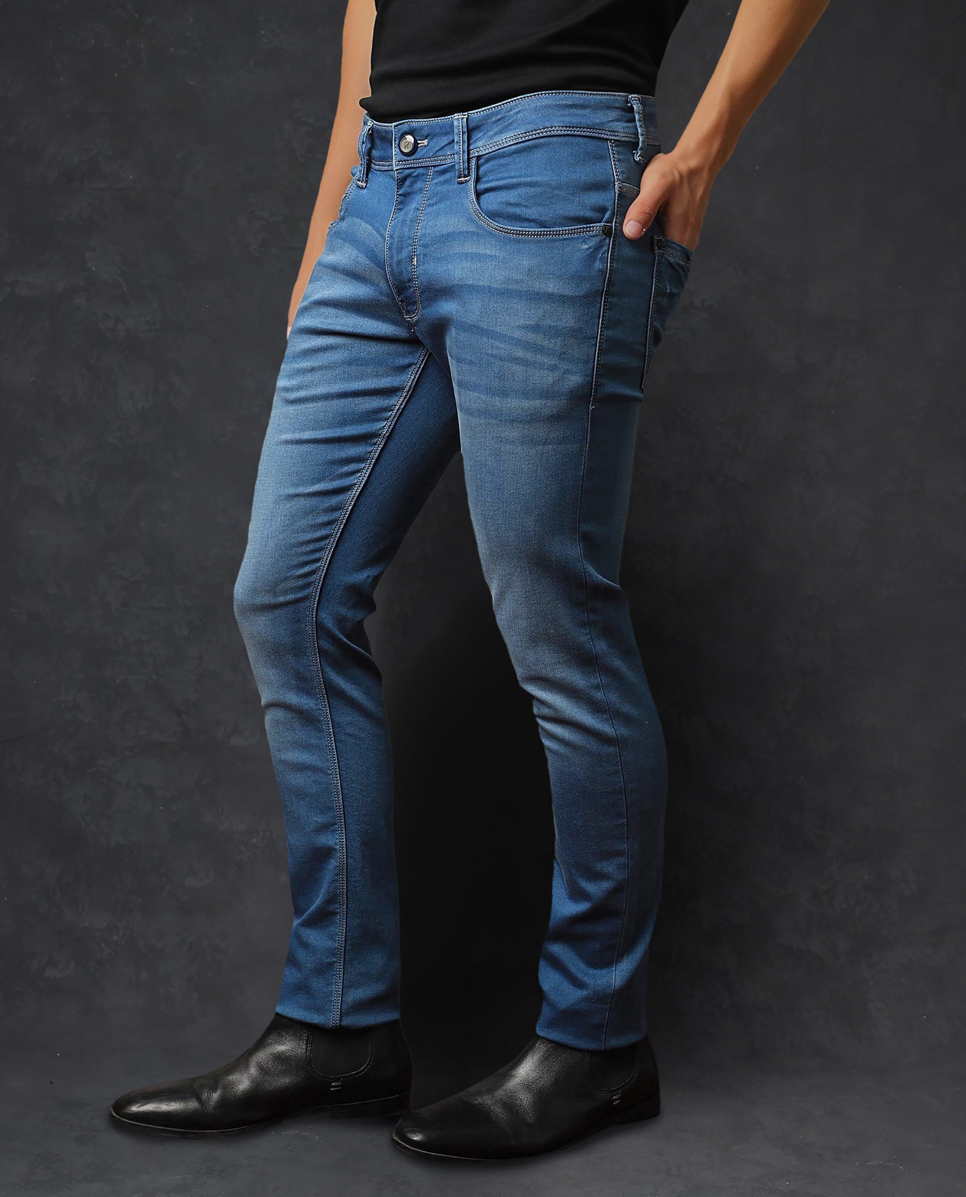 Rare Rabbit Men's Radley Light Blue Cotton Plain Hawk Slim Fit Jeans