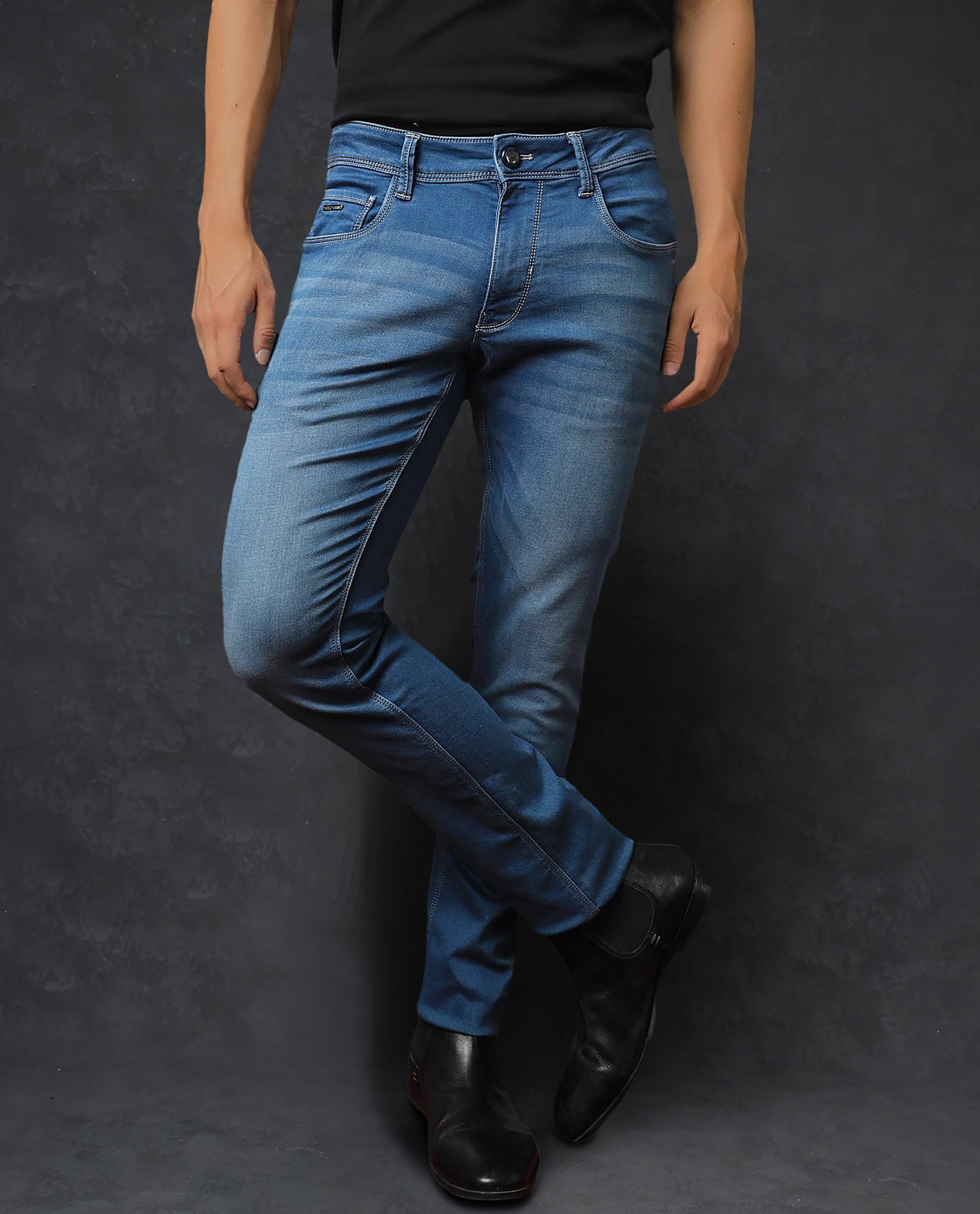 Rare Rabbit Men's Radley Light Blue Cotton Plain Hawk Slim Fit Jeans