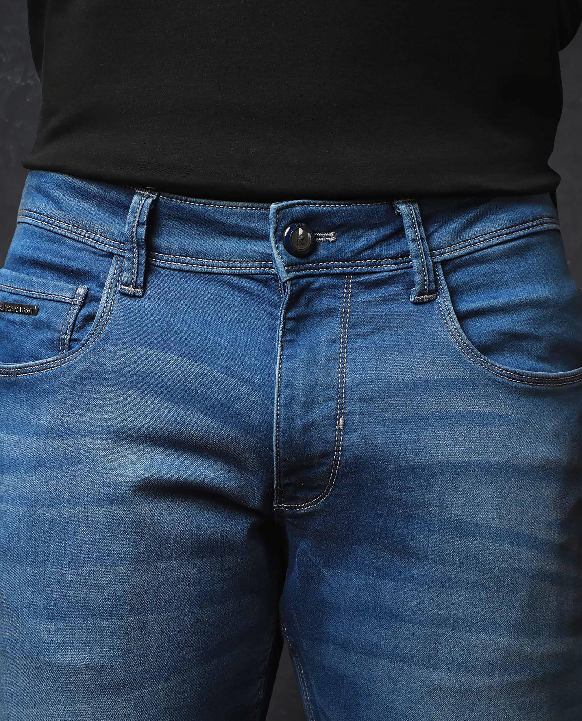 Rare Rabbit Men's Radley Light Blue Cotton Plain Hawk Slim Fit Jeans