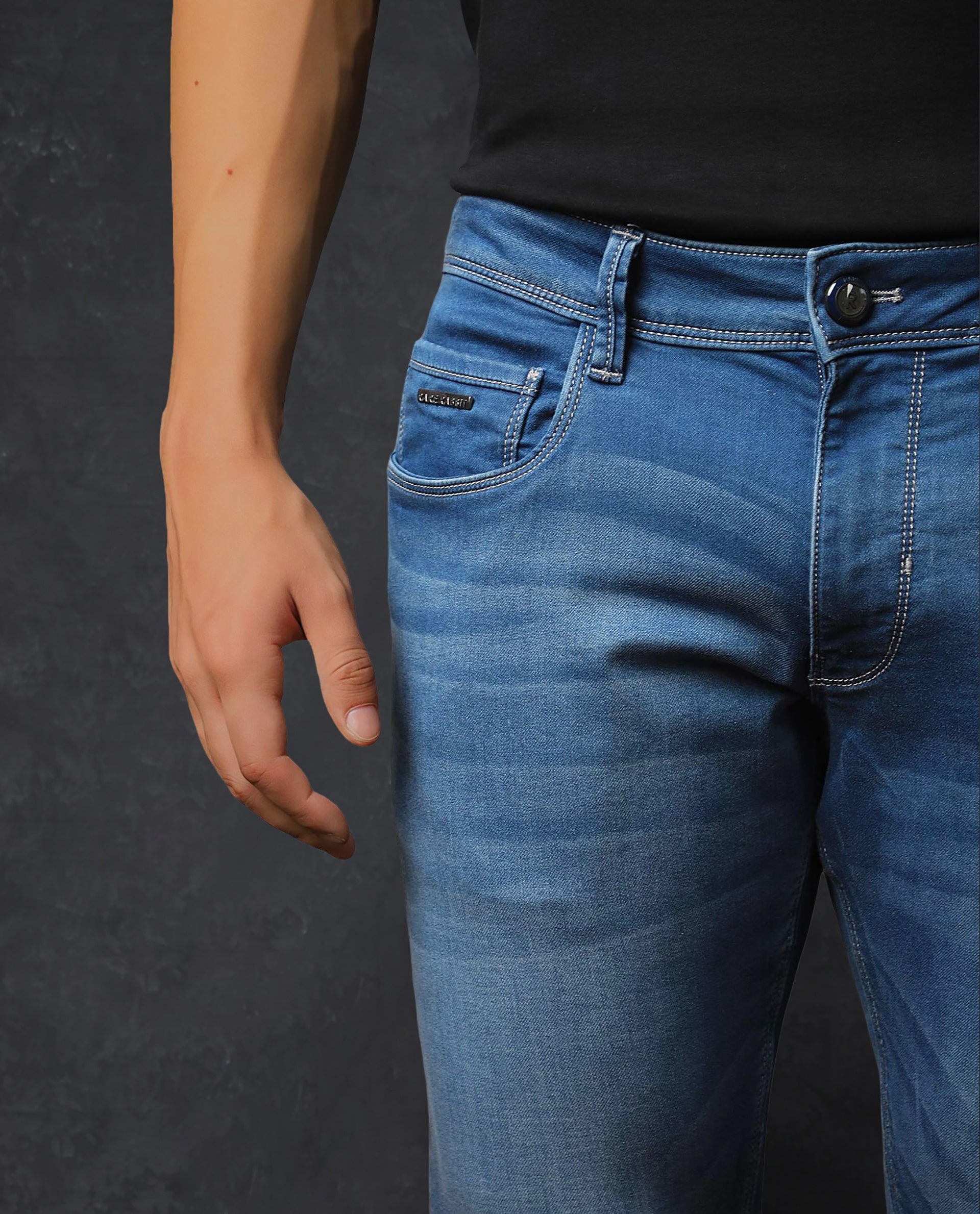 Rare Rabbit Men's Radley Light Blue Cotton Plain Hawk Slim Fit Jeans