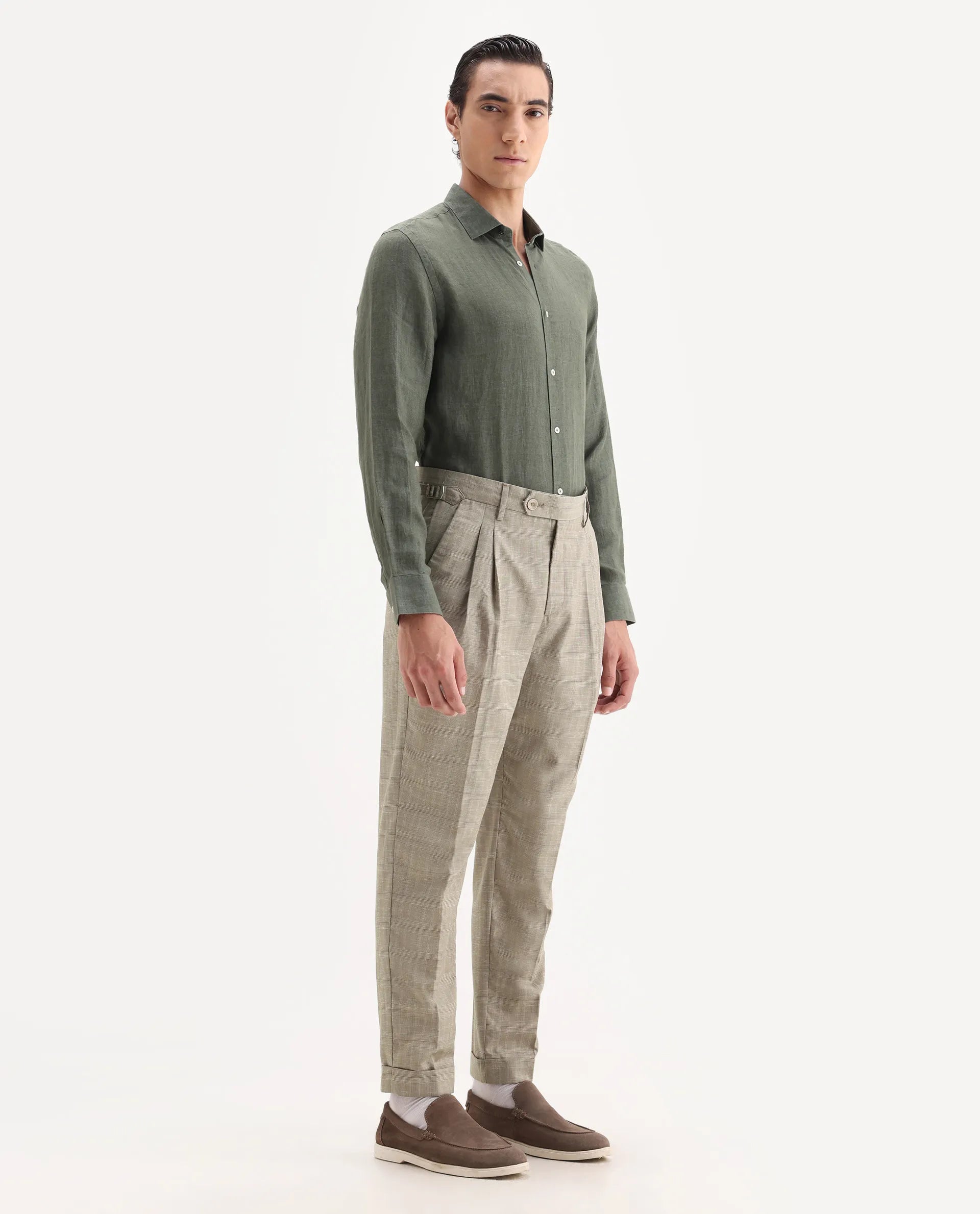 Rare Rabbit Men's Renot Beige Cotton Checked Print Regular Fit Trouser