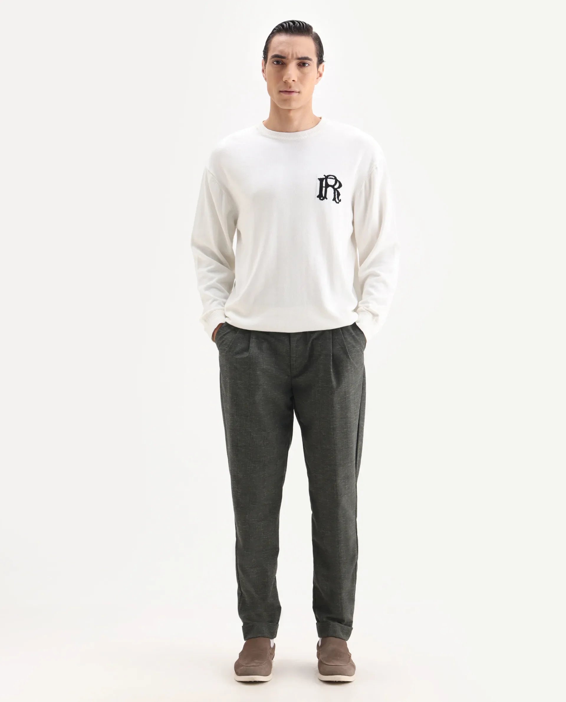 Rare Rabbit Men's Renot Dark Green Cotton Checked Print Regular Fit Trouser